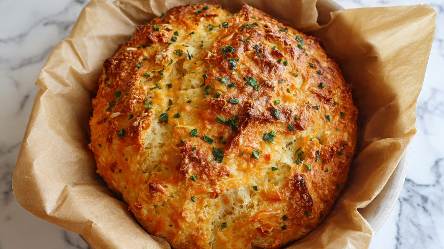 No Knead Cheddar Bread in the Dutch Oven Recipe 4 A round golden-brown bread loaf with a rough, crispy crust sits in a bowl lined with light brown parchment paper. The top surface shows a cracked texture with small green herb pieces scattered across, revealing a soft, fluffy interior in places where the crust is open. The loaf has an uneven, homemade look with a mix of darker toasted patches and lighter golden sections. The bowl is placed on a white marbled surface. photo taken with an iphone --ar 4:5 --v 7