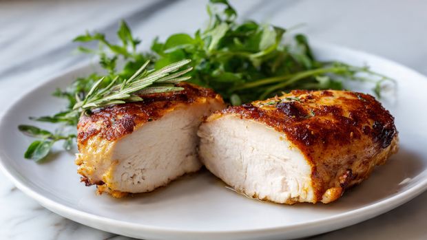 A whole roasted chicken with a shiny, golden-brown, and slightly darker crispy skin is shown resting on a bed of fresh green herbs including rosemary and thyme. The chicken is placed on a wooden serving board with a warm natural tone, which sits on a white marbled surface. The chicken looks plump and juicy with visible crispy legs and wings tucked close to its body. The background shows blurred natural light coming through a window. Photo taken with an iphone --ar 4:5 --v 7