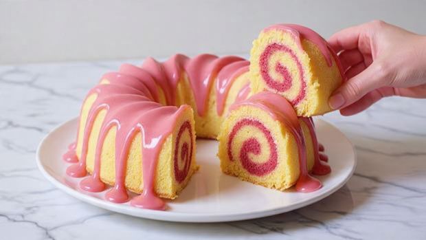 The image shows a pink and white swirled bundt cake with smooth, rounded ridges all around it. The cake has two layers of color, pink and white, twisted together in a soft swirl pattern covering the whole surface. It sits on a clear glass plate with a lacy edge, placed on a white marbled surface. Behind the cake, there are green leaves slightly out of focus, adding a fresh look. The top of the cake has a small ring shape in the center. Photo taken with an iphone --ar 4:5 --v 7