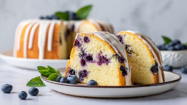 Two thick slices of blueberry cake rest on a white plate with a thin dark rim. Each slice shows many dark purple blueberries spread inside the soft, light yellow cake. On top of the slices is a white icing drizzle that runs down the sides, forming thin stripes. A few fresh blueberries and green leaves are placed beside the cake on the plate. Behind, the rest of the cake with the same white icing drizzle is on a white plate. The background is a white marbled texture. Photo taken with an iphone --ar 4:5 --v 7
