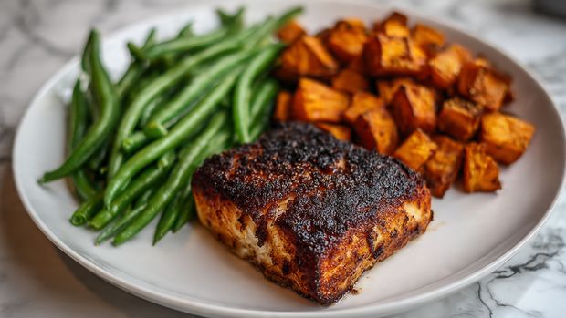 Pan-Seared Salmon with Green Beans & Baked Sweet Potato - Recipe Image