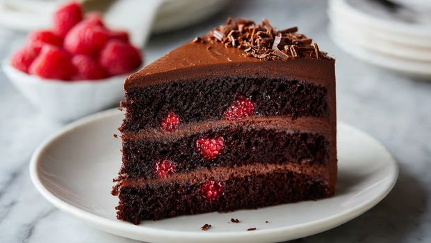 A slice of three-layer chocolate cake on a white plate, each layer made of dark, moist chocolate sponge. Between the cake layers are thick, creamy chocolate frosting and bright red raspberry pieces that add a fresh touch. The outside is coated with smooth chocolate frosting with a slightly glossy finish. The plate sits on a white marbled surface with a small bowl of raspberries blurred in the background. photo taken with an iphone --ar 4:5 --v 7
