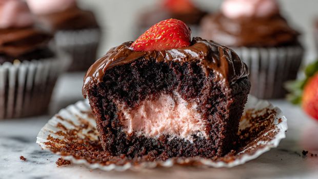 A close-up view of a chocolate cupcake that is cut in half showing three layers: the bottom and middle are dark, moist chocolate cake, and the center has a light pink creamy filling with a soft texture. The top layer has a thick, shiny dark chocolate frosting spread unevenly and a small bright red strawberry piece placed on top. The cupcake rests on a white marbled surface with some crumbs scattered around. The background is softly blurred, showing more chocolate cupcakes with a hint of red decoration. photo taken with an iphone --ar 4:5 --v 7