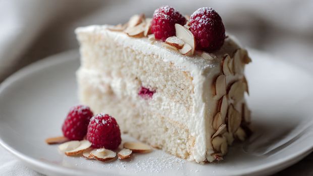 The image shows a tall, smooth white frosted cake with two visible layers inside, covered completely in creamy white icing. On the top edge, there is a ring of fresh, bright red raspberries evenly spaced, with thin white almond slices placed between the raspberries. The cake sits on a round white marble board with scattered raspberries and almond slices around it. In the background, there are white dishes with more raspberries and almond slices on a white marbled surface. Photo taken with an iphone --ar 4:5 --v 7