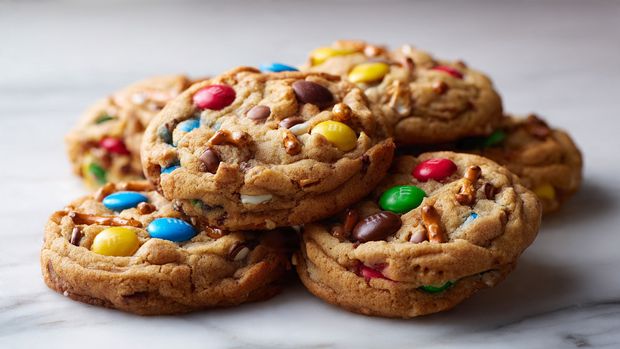 A pile of round cookies with a light golden brown base color fills the frame, each cookie dotted with bright red and green M&M candy pieces, white chocolate chips, small broken brown pretzel pieces, and red and green sprinkles scattered on top. The cookie surface looks soft with a slightly cracked texture, showing bits of colorful ingredients mixed throughout. The cookies are placed close together on a white marbled surface. photo taken with an iphone --ar 4:5 --v 7