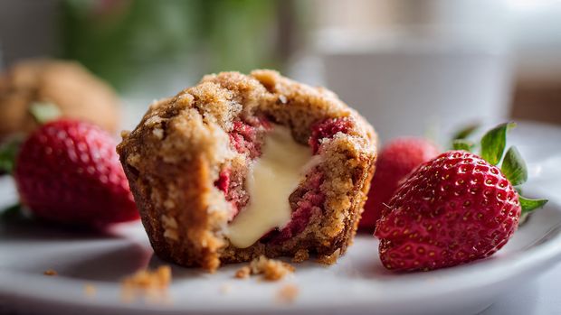 Two muffins stacked on top of each other, each with a golden-brown crumbly top that has small pieces of red fruit visible. The muffins show a soft, light yellow inside with bits of red fruit near the base. They sit on a white plate with a light blue design, surrounded by fresh red strawberries with green leaves. The plate is placed on a folded light pink cloth over a white marbled surface. photo taken with an iphone --ar 4:5 --v 7