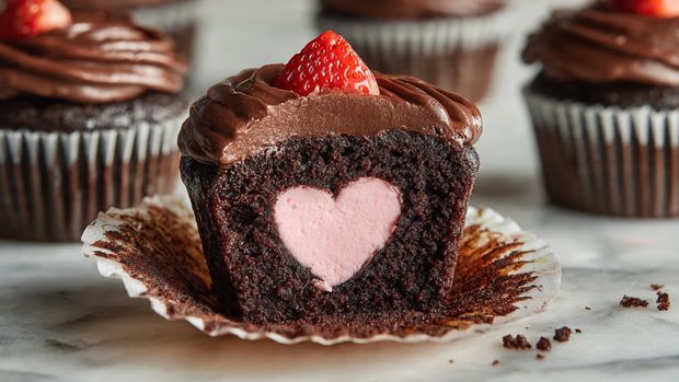 The image shows a chocolate cupcake with three layers: a dark, moist chocolate cake forming the outer shell; in the middle, a smooth pink cream filling shaped like a heart; and on top, a shiny dark chocolate frosting spread thickly. A small red strawberry piece sits on the very top, adding a bright spot of color. The cupcake wrapper is removed and lying flat on a white marbled surface, with some cake crumbs scattered around. In the background, blurred, you can see more cupcakes with similar chocolate frosting and strawberry pieces. photo taken with an iphone --ar 4:5 --v 7