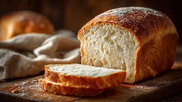 A golden brown loaf of bread rests inside a gray metal baking pan, with a smooth and glossy top crust showing slight texture and light cracks. The bread fills the pan fully, rising high above the edges. The pan sits on a white marbled surface, next to a folded blue and white striped cloth. In the blurred background, there are copper measuring cups. The lighting highlights the warm color and shiny surface of the bread. photo taken with an iphone --ar 4:5 --v 7