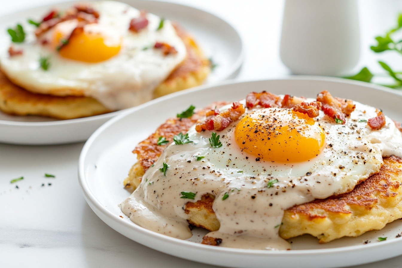 Two large white plates each holding a generous portion of crispy golden potato pancakes topped with perfectly cooked sunny-side-up eggs, smothered in creamy white gravy flecked with black pepper and herbs, and sprinkled with small crispy bacon bits and fresh chopped parsley. The whole presentation is styled for a professional hero shot from a 3/4 angle on a white marble surface, bathed in natural light that highlights the glossy egg yolks and textured potato layers. Photo taken with an iphone --ar 4:5 --v 7