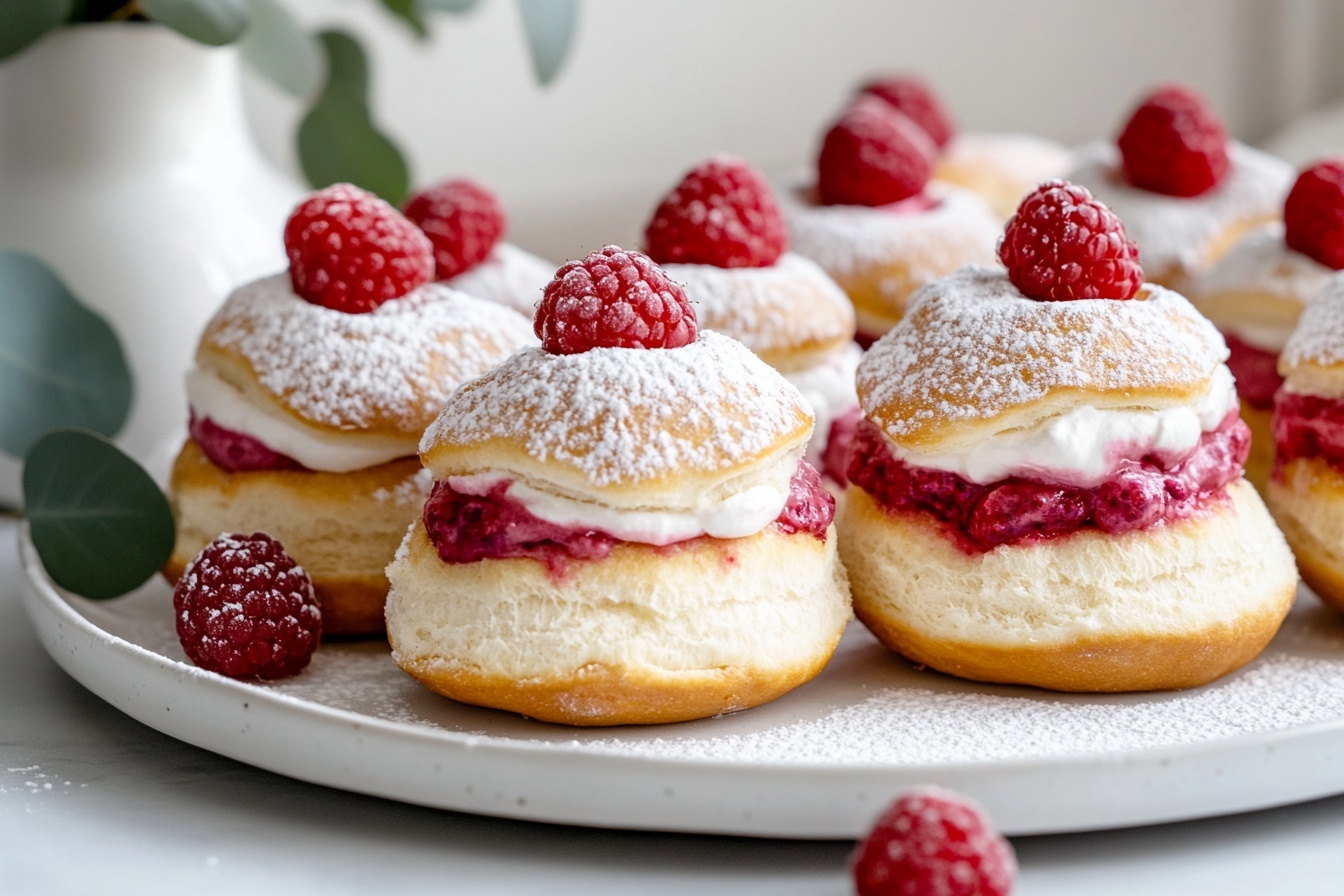 Irresistible Raspberry Cream Maritozzi Buns Recipe 6 White plate filled with multiple whole semla buns, each perfectly golden brown and dusted with powdered sugar, filled generously with rich pink raspberry cream and topped with fresh raspberries, arranged neatly with extra raspberries scattered around on a white marble countertop under natural lighting, professional 3/4 angle food magazine style photo taken with an iphone --ar 4:5 --v 7