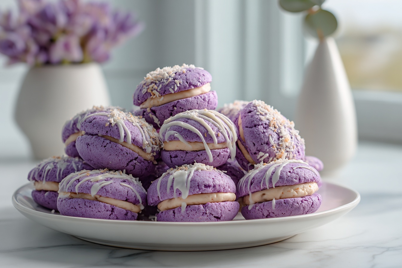 Coconut Ube Besito Cookies: Tropical Treats You'll Adore Recipe 6 Whole round ube and coconut cake, vibrant purple sponge with a creamy white coconut filling swirled throughout, topped with smooth glossy lavender glaze drizzled evenly over the top, presented on a large white cake stand, photographed in natural light from a 3/4 angle on a white marble background, professional food magazine style hero shot, photo taken with an iphone --ar 4:5 --v 7