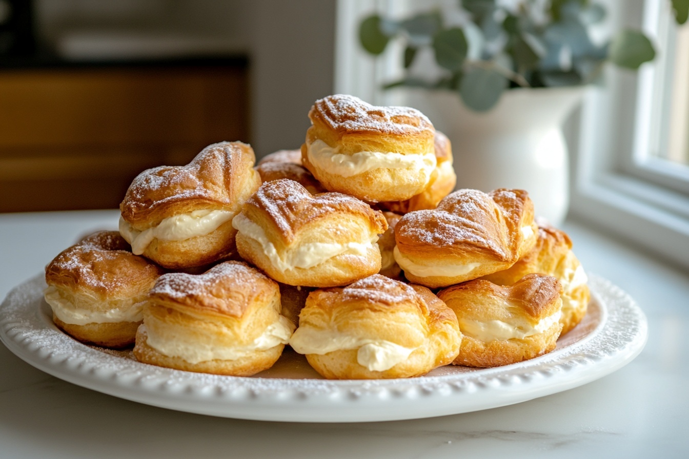 French Crullers Recipe 6 A large pristine white serving platter heaped with a full batch of golden, crispy, intricately layered layered heart-shaped cream puffs dusted generously with fine powdered sugar, showcasing their flaky texture and deep amber caramelized sheen, arranged beautifully in a loose pile that captures the light natural glow, set on a white marble countertop with soft natural lighting, styled to feel inviting and elegant, professional food photography, photo taken with an iphone --ar 4:5 --v 7