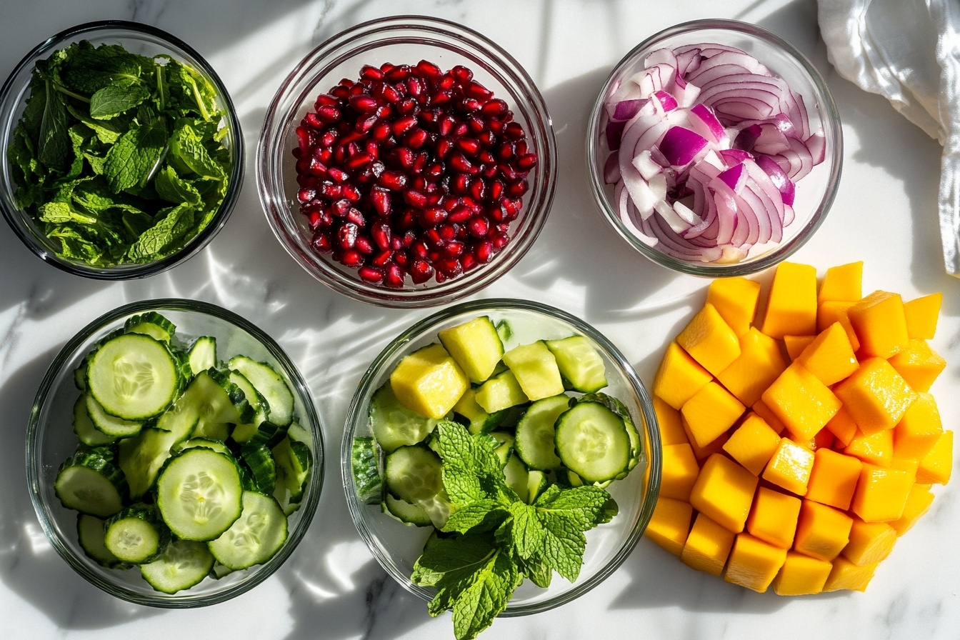 Mango & Pomegranate Seeds Salad Recipe 5 Single white bowl featuring a fresh serving of vibrant spinach and mixed greens salad, garnished with juicy pomegranate seeds, finely diced red bell peppers, small pineapple chunks, and minced onions, all lightly dressed with a glistening vinaigrette that enhances the colors and textures, close-up angled shot capturing the freshness and glossy sheen of the ingredients, sitting elegantly on a white marble surface, styled as a ready-to-eat portion perfect for a gourmet food blog post. REALISTIC STYLE IMAGE| TAGS: High-end food photography, clean composition, dramatic lighting, luxurious, elegant, mouth-watering, indulgent, gourmet | CAMERA: Nikon Z7 | FOCAL LENGTH: 50mm | SHOT TYPE: Close-up | COMPOSITION: 3/4 angle | LIGHTING: Soft directional light | PRODUCTION: Food Stylist | TIME: Daytime I LOCATION TYPE: Kitchen near windows --stylize 150 --ar 3:2