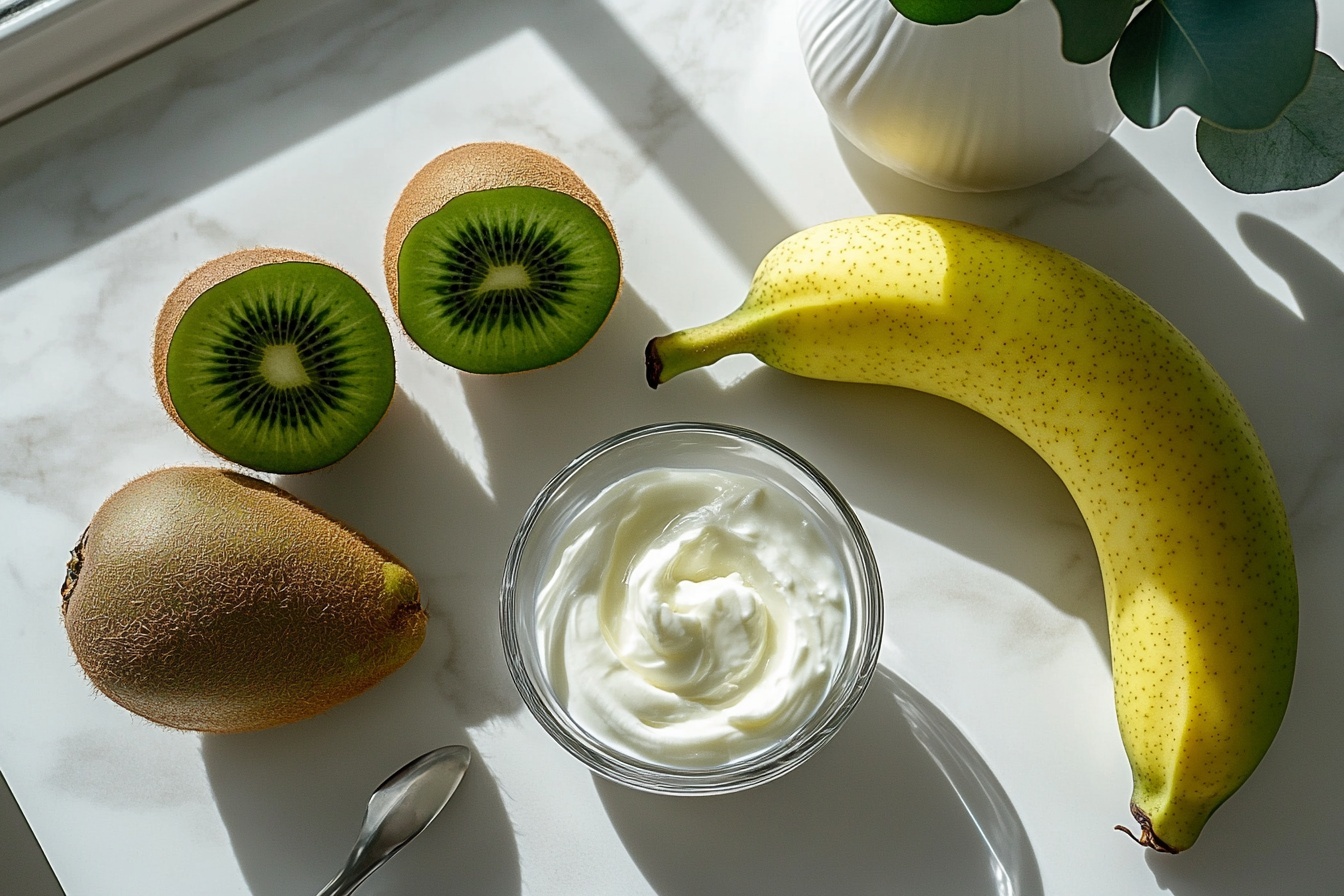 Single white bowl containing a perfectly layered smoothie preparation showcasing slices of fresh green kiwi, ripe pear wedges, and banana pieces nestled atop creamy white yogurt, detailed close-up revealing the texture contrast between the smooth yogurt and the fresh, juicy fruit chunks, artfully arranged with a hint of natural moisture, shot from a 3/4 angle on a pristine white marble surface, elegant and vibrant presentation like a refined food blog feature. REALISTIC STYLE IMAGE| TAGS: High-end food photography, clean composition, dramatic lighting, luxurious, elegant, mouth-watering, indulgent, gourmet | CAMERA: Nikon Z7 | FOCAL LENGTH: 50mm | SHOT TYPE: Close-up | COMPOSITION: 3/4 angle | LIGHTING: Soft directional light | PRODUCTION: Food Stylist | TIME: Daytime I LOCATION TYPE: Kitchen near windows --stylize 150 --ar 3:2