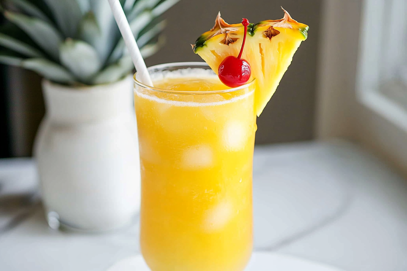 Two tall white glasses filled with vibrant yellow pineapple cocktails, each garnished with a fresh cherry and a thick pineapple wedge on the rim, placed side by side on a white marble countertop. In the background, a whole ripe pineapple and a bottle of rum subtly blur into the scene, enhancing the tropical and refreshing theme. The composition is a professional food photography hero shot, featuring natural soft directional light that accentuates the condensation on the glasses and the bright, juicy colors of the fruit garnishes. REALISTIC STYLE IMAGE| TAGS: High-end food photography, clean composition, dramatic lighting, luxurious, elegant, mouth-watering, indulgent, gourmet | CAMERA: Nikon Z7 | FOCAL LENGTH: 50mm | SHOT TYPE: Close-up | COMPOSITION: 3/4 angle | LIGHTING: Soft directional light | PRODUCTION: Food Stylist | TIME: Daytime I LOCATION TYPE: Kitchen near windows --stylize 150 --ar 3:2