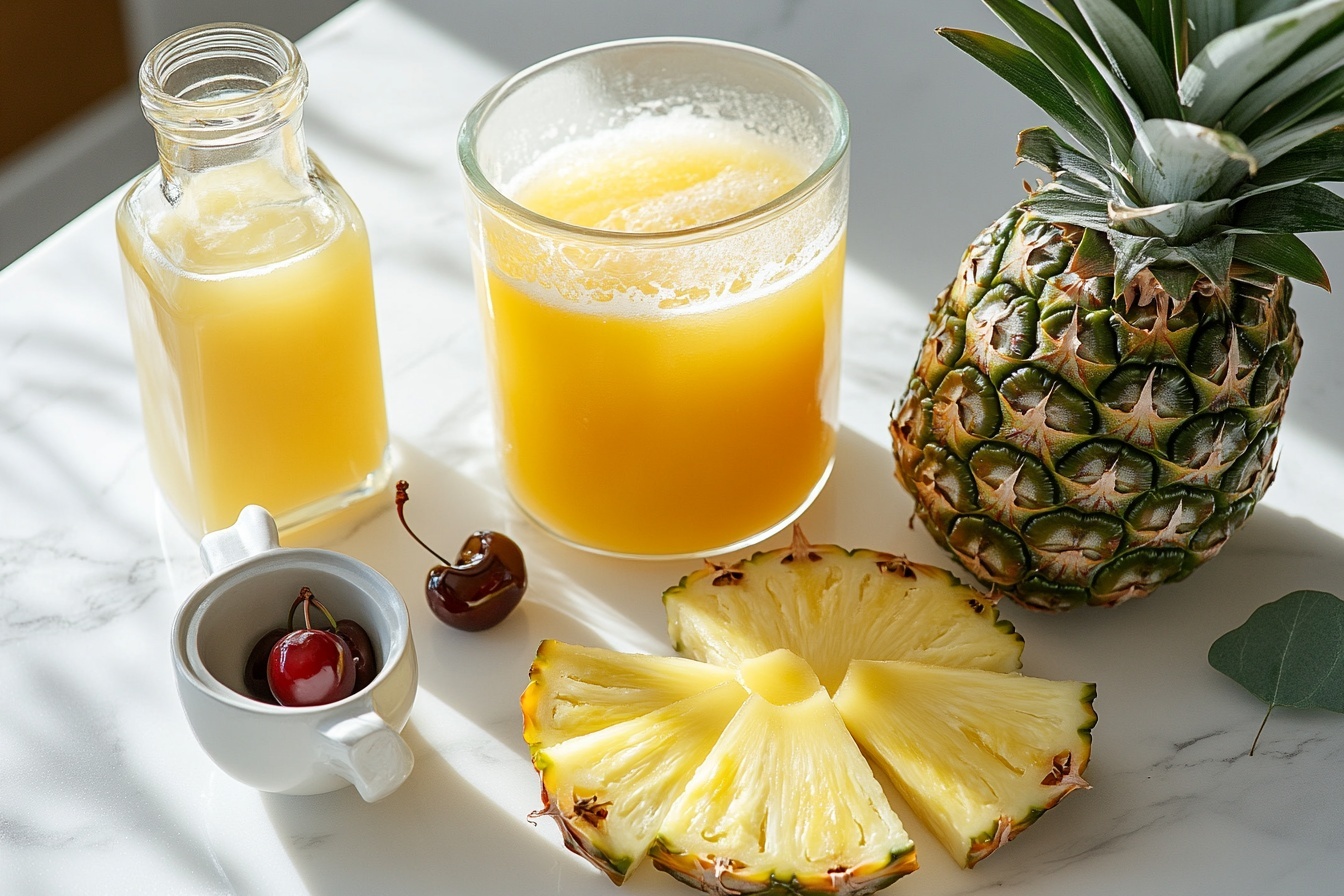 Single white tall glass showcasing a single serving of vibrant yellow pineapple juice cocktail with ice cubes floating inside, garnished elegantly with a fresh pineapple wedge and a bright red maraschino cherry perched on the rim, a straw inserted for sipping, the condensation on the glass highlighting its refreshing coldness, placed on a white marble surface with soft natural light enhancing the vivid colors and clarity, styled as a gourmet tropical beverage ready to relish. REALISTIC STYLE IMAGE| TAGS: High-end food photography, clean composition, dramatic lighting, luxurious, elegant, mouth-watering, indulgent, gourmet | CAMERA: Nikon Z7 | FOCAL LENGTH: 50mm | SHOT TYPE: Close-up | COMPOSITION: 3/4 angle | LIGHTING: Soft directional light | PRODUCTION: Food Stylist | TIME: Daytime I LOCATION TYPE: Kitchen near windows --stylize 150 --ar 3:2