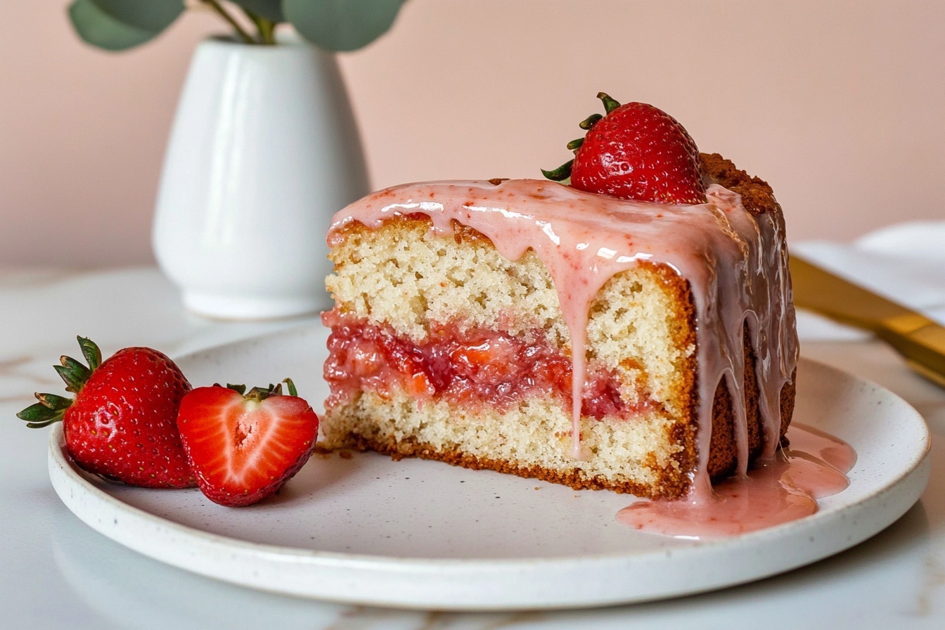A whole freshly baked strawberry banana bread loaf on a white rectangular ceramic platter, showcasing a golden-brown crust with vibrant pink strawberry glaze drizzled evenly on top. The loaf is fully intact, highlighting visible chunks of strawberries dispersed throughout the moist, tender crumb, with a few halved fresh strawberries used as natural decoration around the platter. The setup is captured from a 3/4 angle, on a pristine white marble countertop with soft natural daylight streaming in, emphasizing the bread’s texture, glaze sheen, and the inviting, home-baked quality. REALISTIC STYLE IMAGE| TAGS: High-end food photography, clean composition, dramatic lighting, luxurious, elegant, mouth-watering, indulgent, gourmet | CAMERA: Nikon Z7 | FOCAL LENGTH: 50mm | SHOT TYPE: Close-up | COMPOSITION: 3/4 angle | LIGHTING: Soft directional light | PRODUCTION: Food Stylist | TIME: Daytime I LOCATION TYPE: Kitchen near windows --stylize 150 --ar 3:2