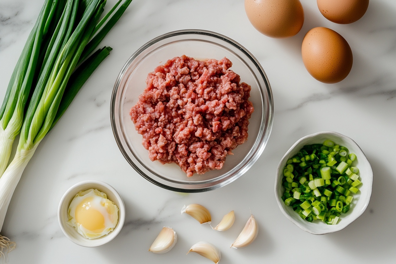 Ginger Chicken Meatball Soup with Bok Choy Recipe 5 Single white bowl with a serving of clear broth soup featuring five perfectly browned pork meatballs nestled among vibrant green bok choy leaves, sprinkled with chopped fresh scallions, white sesame seeds, and red chili flakes. The close-up angled shot reveals the juicy texture of the meatballs and the glossy surface of the broth, placed on a white marble background, styled as a cozy, intimate single serving ready to eat. REALISTIC STYLE IMAGE| TAGS: High-end food photography, clean composition, dramatic lighting, luxurious, elegant, mouth-watering, indulgent, gourmet | CAMERA: Nikon Z7 | FOCAL LENGTH: 50mm | SHOT TYPE: Close-up | COMPOSITION: 3/4 angle | LIGHTING: Soft directional light | PRODUCTION: Food Stylist | TIME: Daytime I LOCATION TYPE: Kitchen near windows --stylize 150 --ar 3:2