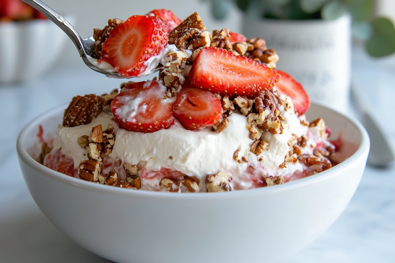 A large white bowl filled with a complete, unmixed dessert salad featuring generous amounts of freshly chopped vibrant red strawberries, fluffy white whipped cream, and a generous pile of whole and halved glazed pecans, arranged side by side in distinct sections showcasing each ingredient's texture and color, captured in a professional 3/4 angle close-up shot on a pristine white marble surface with soft natural lighting highlighting the vibrant colors and rich textures, styled elegantly for a high-end food magazine presentation. REALISTIC STYLE IMAGE| TAGS: High-end food photography, clean composition, dramatic lighting, luxurious, elegant, mouth-watering, indulgent, gourmet | CAMERA: Nikon Z7 | FOCAL LENGTH: 50mm | SHOT TYPE: Close-up | COMPOSITION: 3/4 angle | LIGHTING: Soft directional light | PRODUCTION: Food Stylist | TIME: Daytime I LOCATION TYPE: Kitchen near windows --stylize 150 --ar 3:2