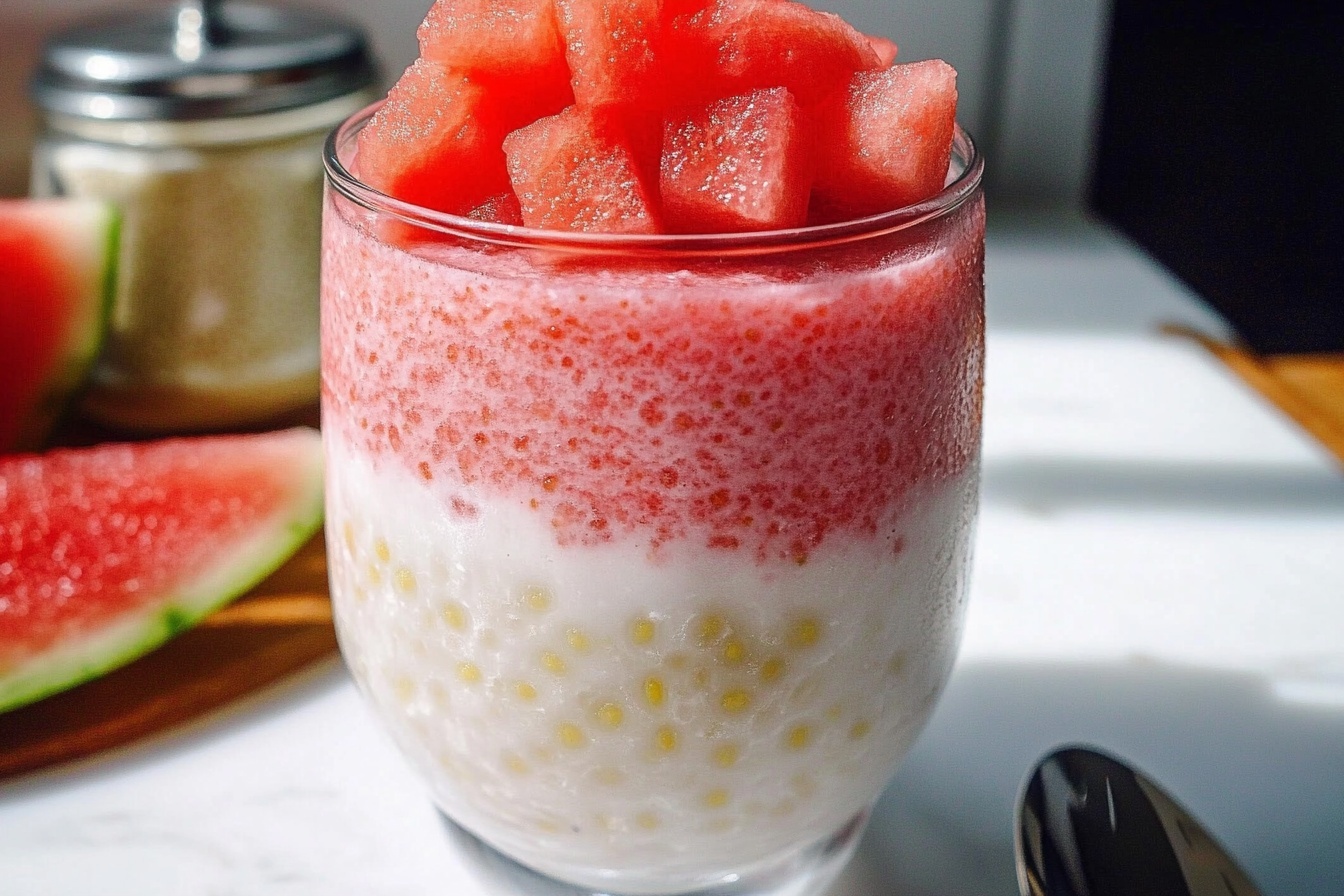 A tall modern glass pitcher filled with a vibrant pink and white chia seed pudding drink, featuring visible chia seeds suspended in the creamy liquid and topped with artfully arranged fresh watermelon cubes in star shapes, placed on a pristine white marble kitchen countertop with natural daylight streaming through nearby windows, presenting a fresh, elegant, and refreshing summer beverage. REALISTIC STYLE IMAGE| TAGS: High-end food photography, clean composition, dramatic lighting, luxurious, elegant, mouth-watering, indulgent, gourmet | CAMERA: Nikon Z7 | FOCAL LENGTH: 50mm | SHOT TYPE: Close-up | COMPOSITION: 3/4 angle | LIGHTING: Soft directional light | PRODUCTION: Food Stylist | TIME: Daytime I LOCATION TYPE: Kitchen near windows --stylize 150 --ar 3:2
