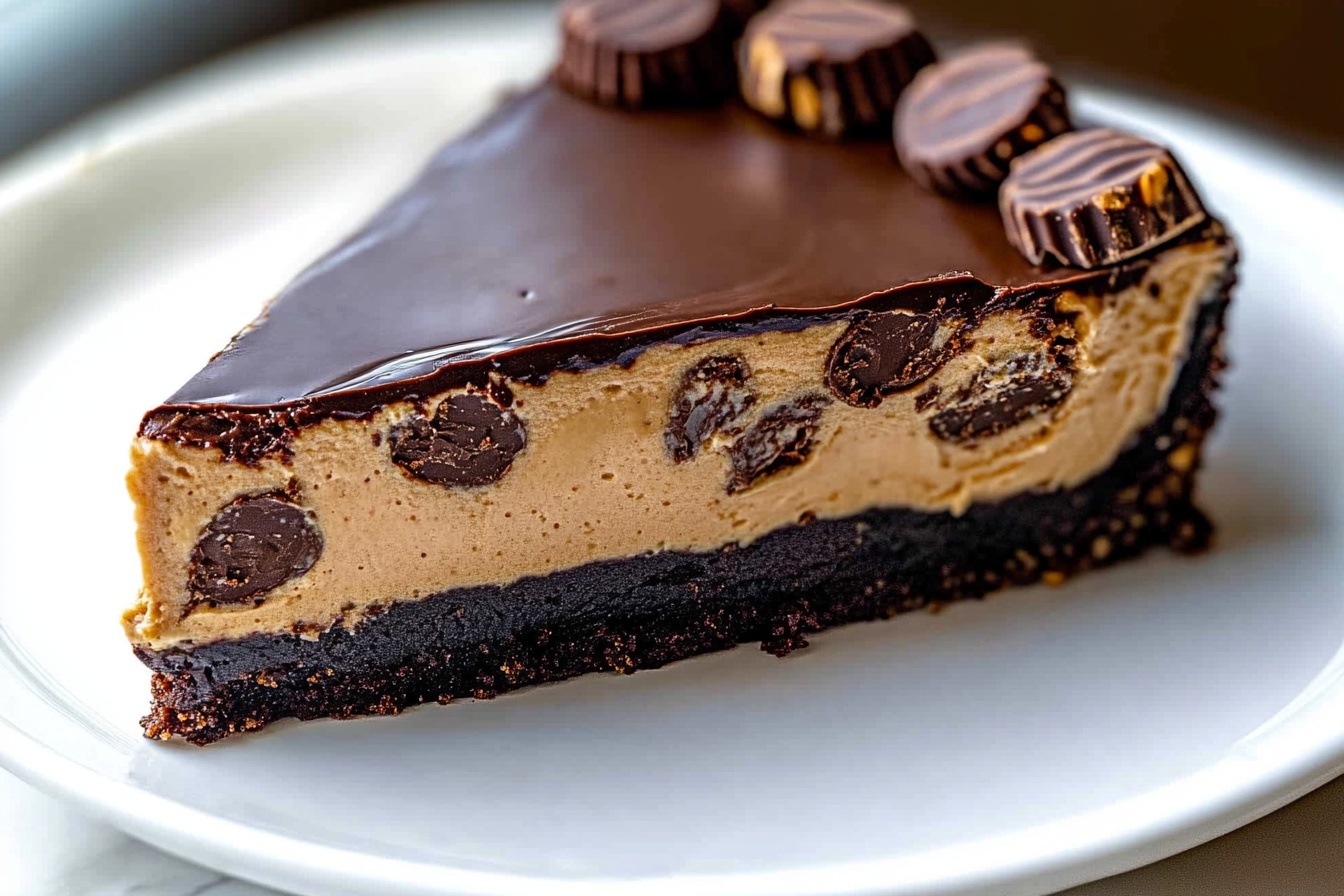 Whole round chocolate peanut butter tart with smooth glossy dark chocolate ganache surface, topped with an even ring of miniature peanut butter cup chocolates all around the edge, set neatly on a large white ceramic plate, photographed from a 3/4 angle showing the entire uncut tart on a white marble kitchen countertop with natural daylight streaming in, styled to highlight rich textures and luscious creamy layers beneath the shiny ganache | REALISTIC STYLE IMAGE| TAGS: High-end food photography, clean composition, dramatic lighting, luxurious, elegant, mouth-watering, indulgent, gourmet | CAMERA: Nikon Z7 | FOCAL LENGTH: 50mm | SHOT TYPE: Close-up | COMPOSITION: 3/4 angle | LIGHTING: Soft directional light | PRODUCTION: Food Stylist | TIME: Daytime I LOCATION TYPE: Kitchen near windows --stylize 150 --ar 3:2