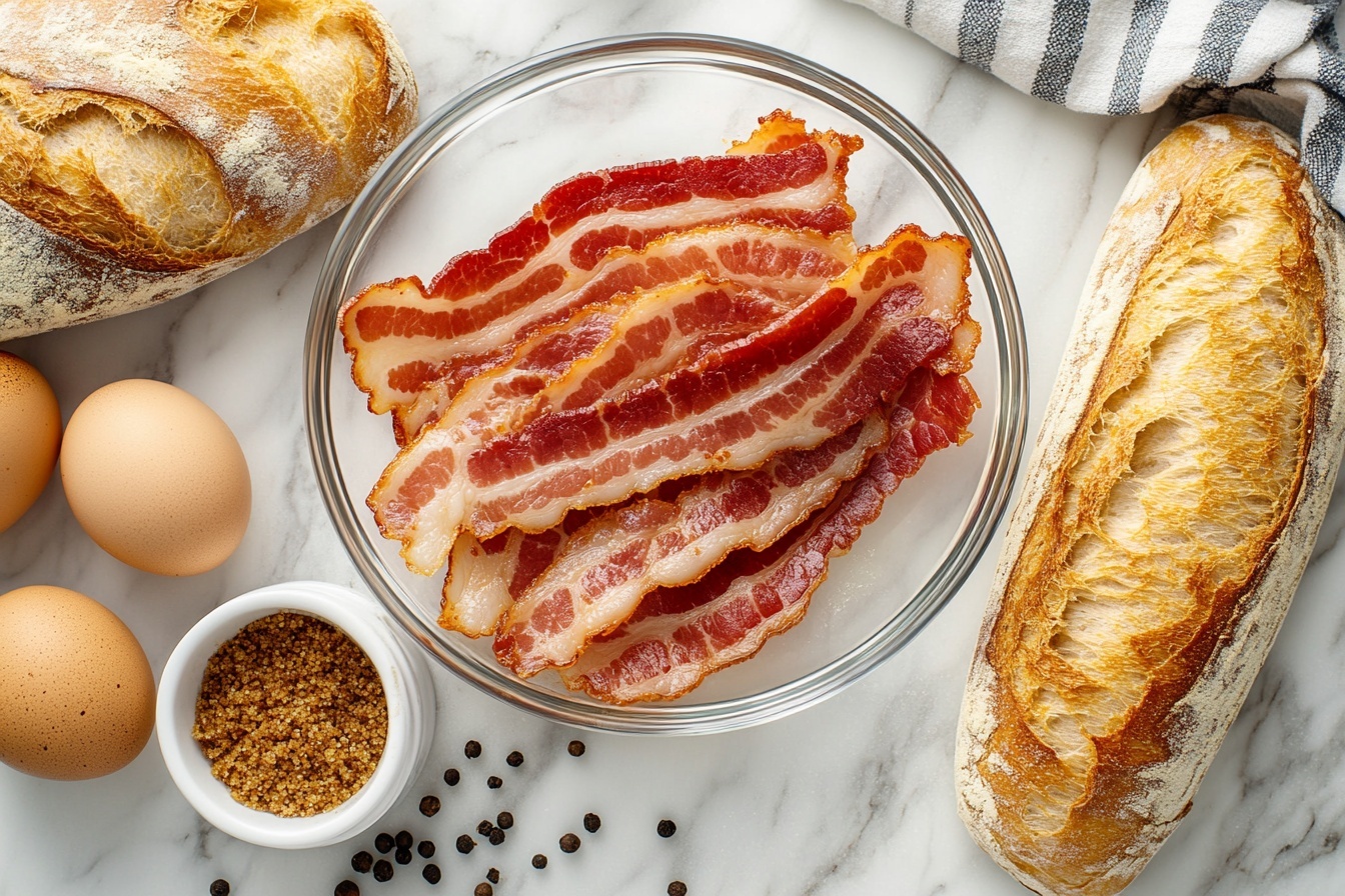 Million Dollar Bacon Goat Cheese Appetizer Log with Crostini and Hot Honey Drizzle Recipe 4 A large white rectangular serving platter showcasing an array of crispy crostini topped generously with creamy ricotta cheese and perfectly crisped strips of glazed, caramelized bacon sprinkled with fresh herbs, all arranged neatly and invitingly to display the entire selection. The platter sits on a white marble kitchen countertop, illuminated by soft natural daylight streaming from nearby windows, capturing the textures and rich colors of the indulgent appetizers in a professional, magazine-quality close-up shot at a 3/4 angle. REALISTIC STYLE IMAGE| TAGS: High-end food photography, clean composition, dramatic lighting, luxurious, elegant, mouth-watering, indulgent, gourmet | CAMERA: Nikon Z7 | FOCAL LENGTH: 50mm | SHOT TYPE: Close-up | COMPOSITION: 3/4 angle | LIGHTING: Soft directional light | PRODUCTION: Food Stylist | TIME: Daytime I LOCATION TYPE: Kitchen near windows --stylize 150 --ar 3:2