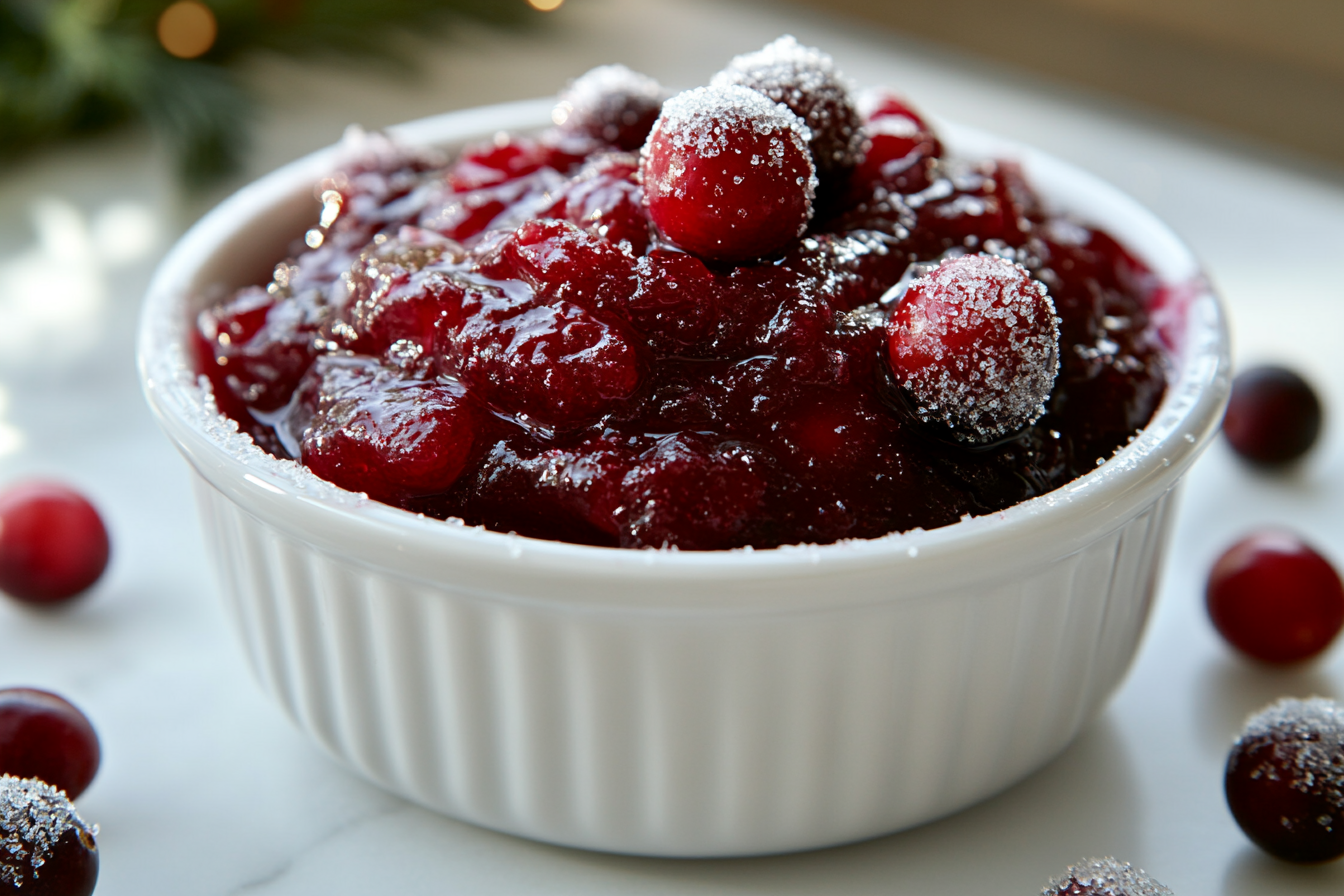 Cranberry Curd Recipe 6 A large white ceramic bowl filled to the brim with vibrant cranberry sauce, showcasing a smooth, glossy texture with swirling ripples on the surface. Whole fresh cranberries are scattered throughout, giving a rich, deep red hue that contrasts beautifully against the bright, white bowl. The entire bowl is presented on a pristine white marble countertop, bathed in natural soft directional daylight that highlights the sauce’s luscious color and texture. The composition is captured from a 3/4 angle, perfectly framing the entire bowl in a luxurious and elegant manner, evoking a mouth-watering, gourmet appeal. REALISTIC STYLE IMAGE| TAGS: High-end food photography, clean composition, dramatic lighting, luxurious, elegant, mouth-watering, indulgent, gourmet | CAMERA: Nikon Z7 | FOCAL LENGTH: 50mm | SHOT TYPE: Close-up | COMPOSITION: 3/4 angle | LIGHTING: Soft directional light | PRODUCTION: Food Stylist | TIME: Daytime I LOCATION TYPE: Kitchen near windows --stylize 150 --ar 3:2