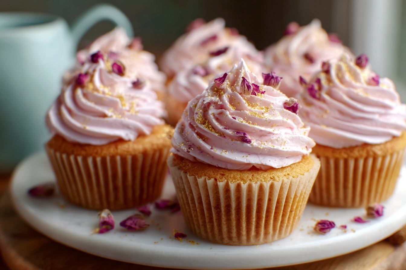 A large white ceramic plate filled with a whole batch of freshly baked cupcakes, each topped with generous swirls of delicate pink frosting adorned with tiny dried rose petals and a light sprinkle of golden crumbs, arranged neatly and invitingly as a complete set, shot from a 3/4 angle to show the luscious, uniform decoration across all cupcakes, set on a pristine white marble kitchen countertop with natural daylight softly illuminating the scene, styled professionally to emphasize their elegant, gourmet appeal. REALISTIC STYLE IMAGE| TAGS: High-end food photography, clean composition, dramatic lighting, luxurious, elegant, mouth-watering, indulgent, gourmet | CAMERA: Nikon Z7 | FOCAL LENGTH: 50mm | SHOT TYPE: Close-up | COMPOSITION: 3/4 angle | LIGHTING: Soft directional light | PRODUCTION: Food Stylist | TIME: Daytime I LOCATION TYPE: Kitchen near windows --stylize 150 --ar 3:2