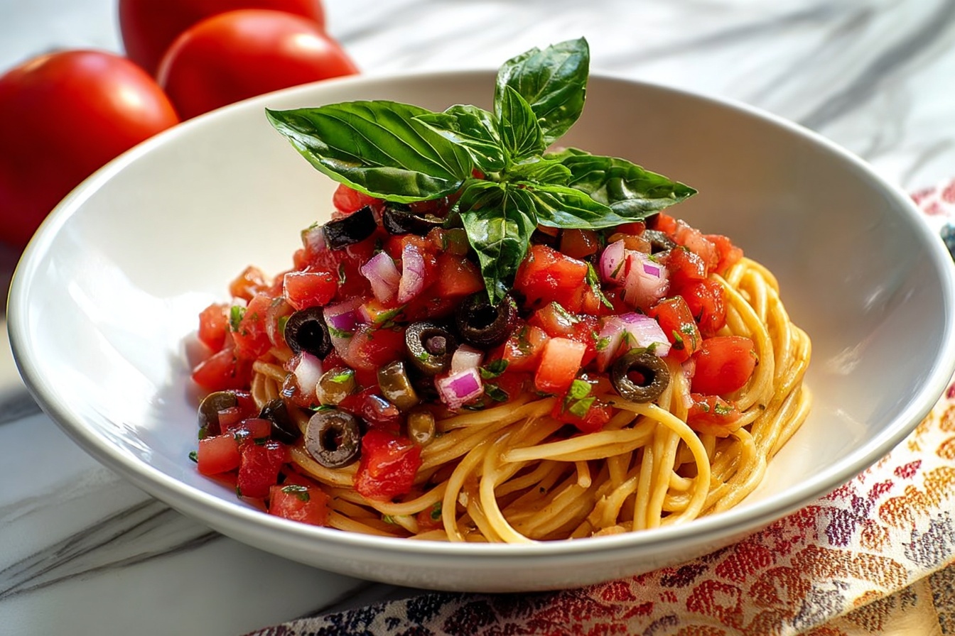 A large white ceramic bowl filled with a generous serving of spaghetti topped with vibrant, freshly chopped tomato salsa bursting with diced tomatoes, red onions, capers, and olives, garnished with crisp basil leaves. The whole dish is presented on a white marble kitchen countertop with natural daylight illuminating the rich colors and textures. The setting includes rustic elements such as a red and white checkered kitchen towel and fresh tomatoes in a white bowl in the background, styled to highlight the freshness and simplicity of this classic Italian pasta dish. REALISTIC STYLE IMAGE| TAGS: High-end food photography, clean composition, dramatic lighting, luxurious, elegant, mouth-watering, indulgent, gourmet | CAMERA: Nikon Z7 | FOCAL LENGTH: 50mm | SHOT TYPE: Close-up | COMPOSITION: 3/4 angle | LIGHTING: Soft directional light | PRODUCTION: Food Stylist | TIME: Daytime I LOCATION TYPE: Kitchen near windows --stylize 150 --ar 3:2