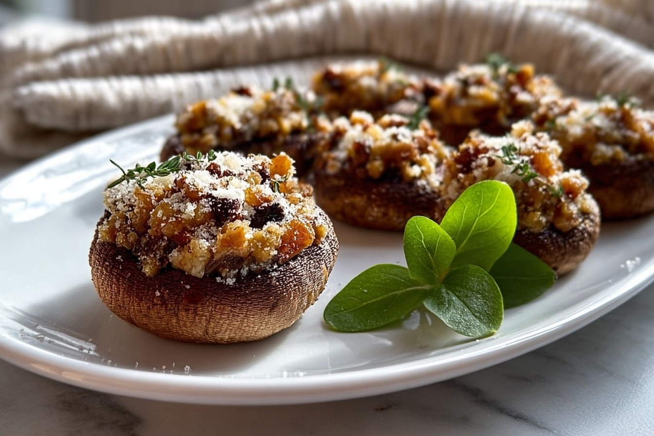 A large white oval ceramic serving tray filled with a full batch of stuffed mushrooms arranged neatly in rows, each mushroom cap generously filled with a savory mixture of finely chopped vegetables, herbs, and crumbled cheese, garnished with additional fresh green herbs alongside vibrant lettuce leaves for contrast, captured in a professional 3/4 angle shot on a white marble kitchen countertop with natural soft directional daylight, showcasing the entire uncut ensemble with elegant and mouth-watering presentation. REALISTIC STYLE IMAGE| TAGS: High-end food photography, clean composition, dramatic lighting, luxurious, elegant, mouth-watering, indulgent, gourmet | CAMERA: Nikon Z7 | FOCAL LENGTH: 50mm | SHOT TYPE: Close-up | COMPOSITION: 3/4 angle | LIGHTING: Soft directional light | PRODUCTION: Food Stylist | TIME: Daytime I LOCATION TYPE: Kitchen near windows --stylize 150 --ar 3:2