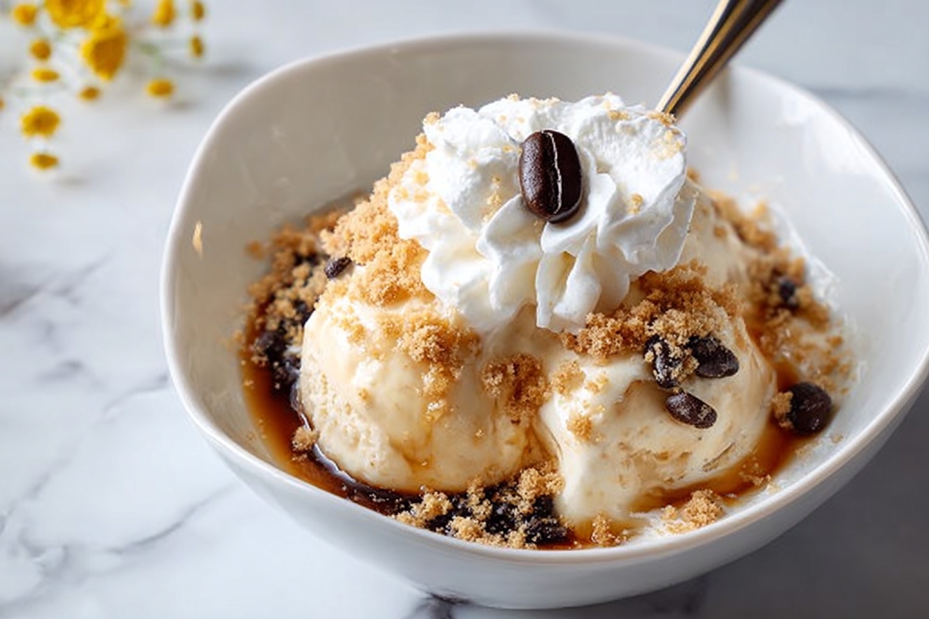 A large white ceramic bowl filled with multiple scoops of creamy vanilla ice cream generously drizzled with rich caramel sauce, topped with dollops of whipped cream, sprinkled with crumbled cookie bits, and garnished with whole coffee beans, arranged as a full serving for several people, presented on a white marble kitchen countertop with natural daylight illuminating the textures and colors, styled like a high-end food magazine hero shot. REALISTIC STYLE IMAGE| TAGS: High-end food photography, clean composition, dramatic lighting, luxurious, elegant, mouth-watering, indulgent, gourmet | CAMERA: Nikon Z7 | FOCAL LENGTH: 50mm | SHOT TYPE: Close-up | COMPOSITION: 3/4 angle | LIGHTING: Soft directional light | PRODUCTION: Food Stylist | TIME: Daytime I LOCATION TYPE: Kitchen near windows --stylize 150 --ar 3:2