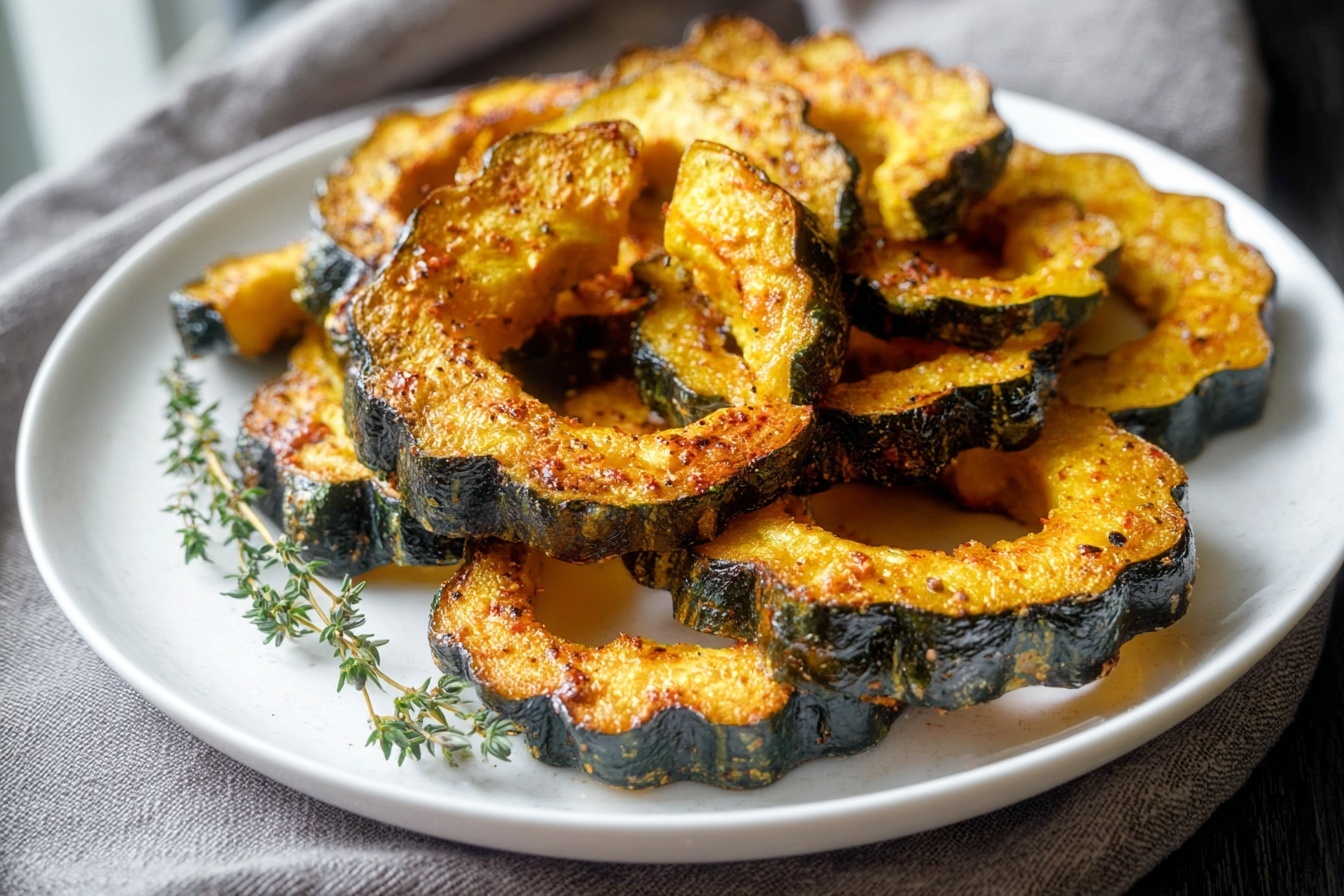A large white oval ceramic serving tray filled with an entire batch of roasted acorn squash slices, beautifully arranged to showcase the golden caramelized edges and tender flesh, perfectly seasoned with a blend of spices and a light crust of baked Parmesan, set on a white marble kitchen countertop with soft natural light highlighting the warm, inviting colors, styled as a gourmet autumn side dish. REALISTIC STYLE IMAGE| TAGS: High-end food photography, clean composition, dramatic lighting, luxurious, elegant, mouth-watering, indulgent, gourmet | CAMERA: Nikon Z7 | FOCAL LENGTH: 50mm | SHOT TYPE: Close-up | COMPOSITION: 3/4 angle | LIGHTING: Soft directional light | PRODUCTION: Food Stylist | TIME: Daytime I LOCATION TYPE: Kitchen near windows --stylize 150 --ar 3:2