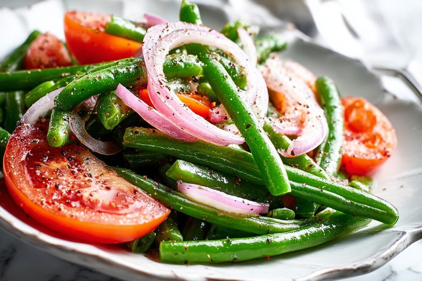 Large white ceramic serving bowl filled with fresh green bean salad, whole tender green beans tossed with bright tomato wedges and thinly sliced red onions, lightly seasoned with cracked black pepper and a subtle vinaigrette, entire dish presented on a white marble kitchen countertop bathed in natural daylight, styled for a gourmet food magazine shoot, photographed from a 3/4 angle to highlight the vivid colors and texture of the ingredients, crisp and elegant composition with soft directional light emphasizing freshness, professional food styling by a renowned food stylist, daytime kitchen by large windows --stylize 150 --ar 3:2 REALISTIC STYLE IMAGE| TAGS: High-end food photography, clean composition, dramatic lighting, luxurious, elegant, mouth-watering, indulgent, gourmet | CAMERA: Nikon Z7 | FOCAL LENGTH: 50mm | SHOT TYPE: Close-up | COMPOSITION: 3/4 angle | LIGHTING: Soft directional light | PRODUCTION: Food Stylist | TIME: Daytime I LOCATION TYPE: Kitchen near windows