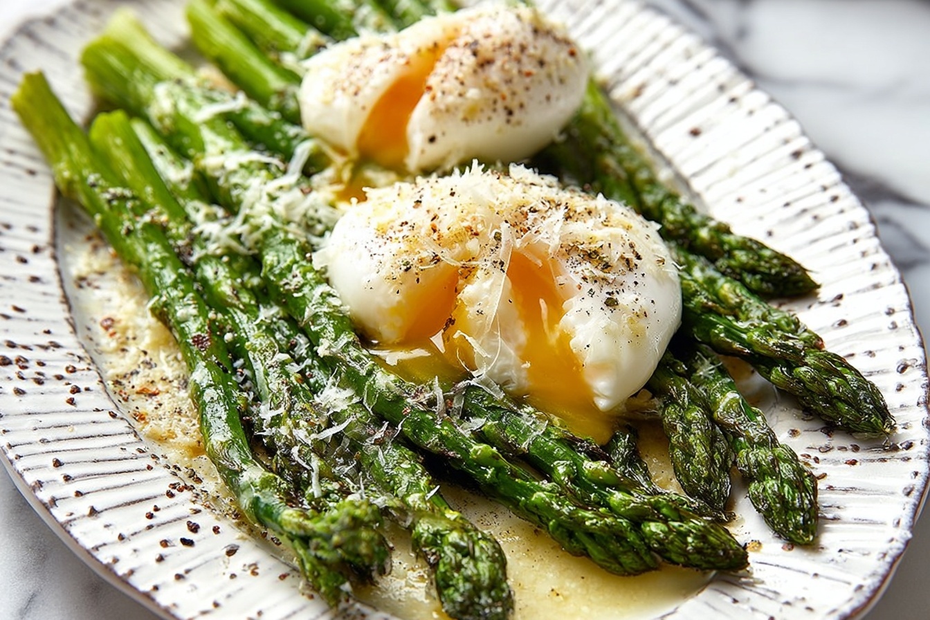 A large white rectangular serving platter elegantly arranged with fresh, tender asparagus spears evenly spaced and topped with perfectly poached eggs seasoned with cracked black pepper, all generously sprinkled with finely grated Parmesan cheese. The whole dish is presented on a white marble countertop with natural daylight streaming in from kitchen windows, creating soft directional light that highlights the vibrant green of the asparagus and the delicate texture of the poached eggs. The composition is shot at a 3/4 angle, capturing the entire platter and emphasizing a clean, gourmet presentation styled by a professional food stylist for a high-end food magazine hero shot. REALISTIC STYLE IMAGE| TAGS: High-end food photography, clean composition, dramatic lighting, luxurious, elegant, mouth-watering, indulgent, gourmet | CAMERA: Nikon Z7 | FOCAL LENGTH: 50mm | SHOT TYPE: Close-up | COMPOSITION: 3/4 angle | LIGHTING: Soft directional light | PRODUCTION: Food Stylist | TIME: Daytime I LOCATION TYPE: Kitchen near windows --stylize 150 --ar 3:2