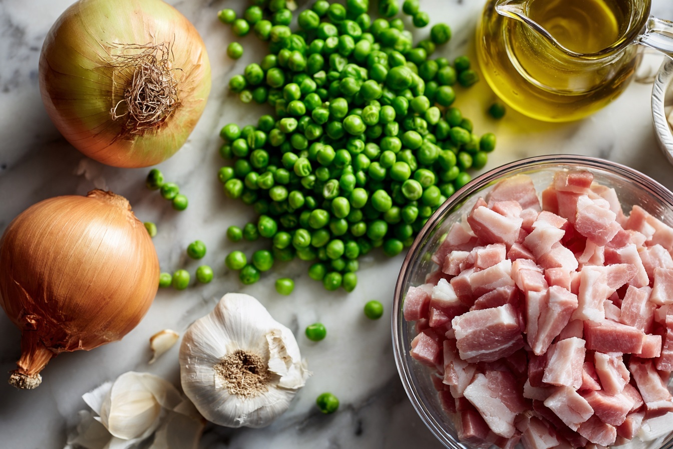 Spring Peas with Pancetta and Onions Recipe 5 Single white plate showcasing a beautifully plated portion of vibrant green peas mixed with small, evenly diced ham pieces and finely chopped onions, close-up angled shot highlighting the glossy texture of the peas and tender meat, sprinkled with cracked black pepper for added contrast and visual appeal, served on a pristine white marble surface with soft natural lighting emphasizing freshness and texture, styled as an elegant, ready-to-eat gourmet side dish. REALISTIC STYLE IMAGE| TAGS: High-end food photography, clean composition, dramatic lighting, luxurious, elegant, mouth-watering, indulgent, gourmet | CAMERA: Nikon Z7 | FOCAL LENGTH: 50mm | SHOT TYPE: Close-up | COMPOSITION: 3/4 angle | LIGHTING: Soft directional light | PRODUCTION: Food Stylist | TIME: Daytime I LOCATION TYPE: Kitchen near windows --stylize 150 --ar 3:2