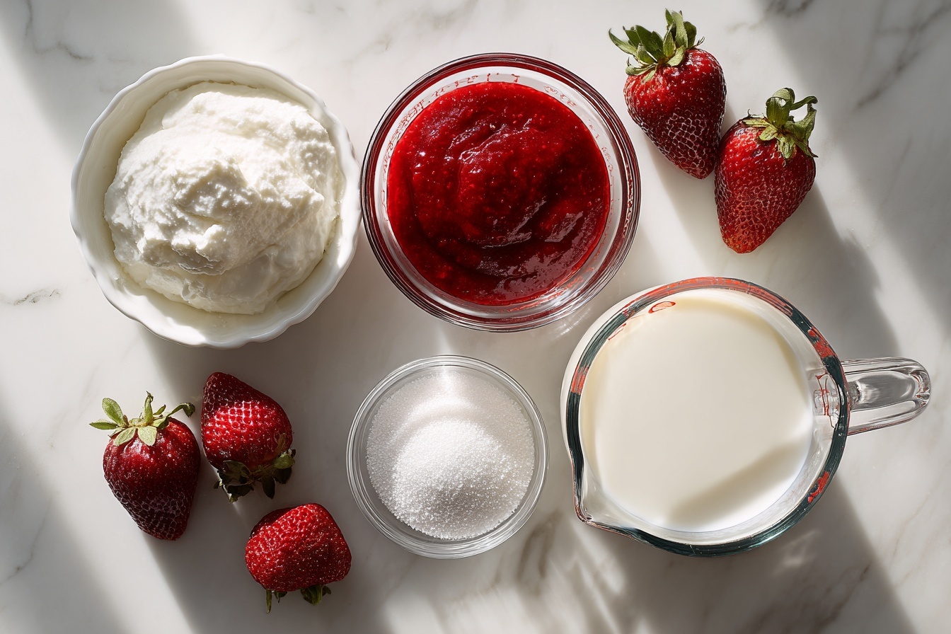 Single white glass filled with a delicate strawberry mousse topped with a swirl of whipped cream and a glossy red strawberry sauce layer, close-up angled shot emphasizing the smooth, airy texture of the mousse and the creamy topping, served on a pristine white plate set on a white marble surface, styled for an elegant and mouth-watering single serving presentation, natural soft directional daylight highlighting the dessert’s color contrast and inviting layers, styled by a professional food stylist in a kitchen near windows, capturing an intimate, gourmet food blog vibe. REALISTIC STYLE IMAGE| TAGS: High-end food photography, clean composition, dramatic lighting, luxurious, elegant, mouth-watering, indulgent, gourmet | CAMERA: Nikon Z7 | FOCAL LENGTH: 50mm | SHOT TYPE: Close-up | COMPOSITION: 3/4 angle | LIGHTING: Soft directional light | PRODUCTION: Food Stylist | TIME: Daytime I LOCATION TYPE: Kitchen near windows --stylize 150 --ar 3:2