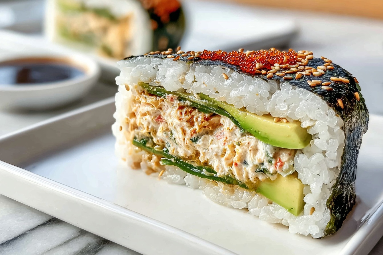 A large white rectangular plate filled with multiple sushi sandwich halves (oshizushi) arranged neatly, each piece showcasing layers of sticky white sushi rice, vibrant cucumber slices, and shredded imitation crab meat wrapped in crisp nori seaweed sprinkled with toasted sesame seeds, accompanied by a pair of small white ramekins containing dipping sauces in the background, all placed on a white marble kitchen countertop with natural soft directional daylight illuminating the colorful, fresh ingredients vividly, styled like a professional food magazine hero shot. REALISTIC STYLE IMAGE| TAGS: High-end food photography, clean composition, dramatic lighting, luxurious, elegant, mouth-watering, indulgent, gourmet | CAMERA: Nikon Z7 | FOCAL LENGTH: 50mm | SHOT TYPE: Close-up | COMPOSITION: 3/4 angle | LIGHTING: Soft directional light | PRODUCTION: Food Stylist | TIME: Daytime I LOCATION TYPE: Kitchen near windows --stylize 150 --ar 3:2