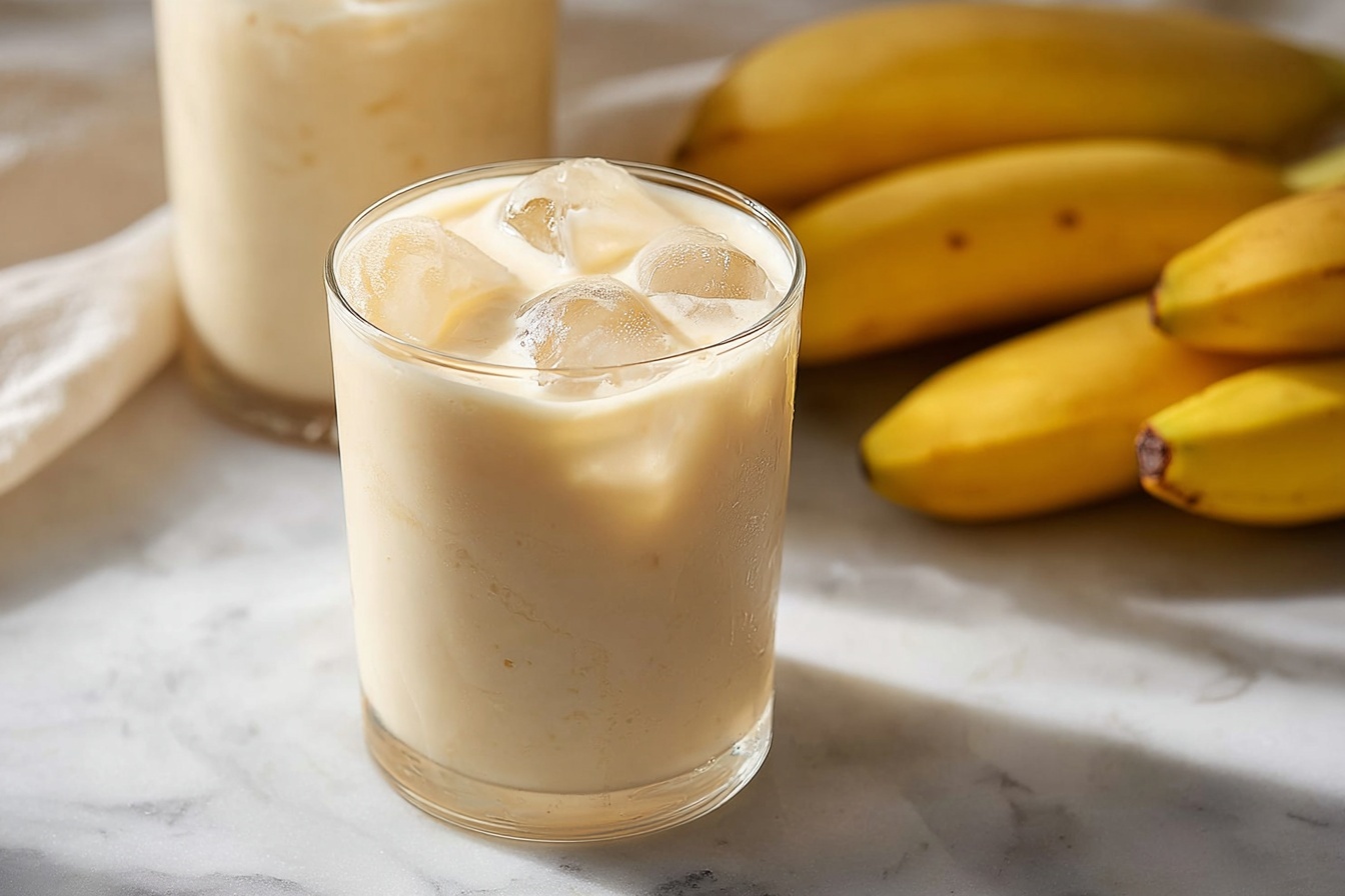 A modern clear glass pitcher filled with creamy banana smoothie, ice cubes visible through the glass, surrounded by fresh whole bananas on a pristine white marble countertop, showcasing the entire beverage in its natural, full presentation, shot at a 3/4 angle in soft natural daylight, styled with elegance and simplicity, evoking a fresh, indulgent, and healthy vibe. REALISTIC STYLE IMAGE| TAGS: High-end food photography, clean composition, dramatic lighting, luxurious, elegant, mouth-watering, indulgent, gourmet | CAMERA: Nikon Z7 | FOCAL LENGTH: 50mm | SHOT TYPE: Close-up | COMPOSITION: 3/4 angle | LIGHTING: Soft directional light | PRODUCTION: Food Stylist | TIME: Daytime I LOCATION TYPE: Kitchen near windows --stylize 150 --ar 3:2