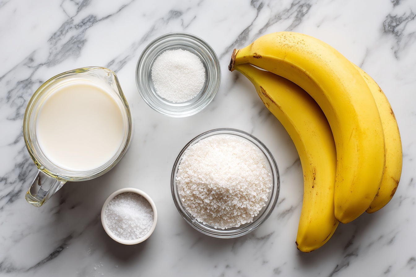 Single white glass filled with a creamy, iced banana smoothie, showcasing a close-up view with visible ice cubes and a smooth, thick texture, sitting on a white marble surface. The natural light highlights the subtle swirls and frothy top of the smoothie, while ripe bananas are artistically placed in the softly blurred background, adding a fresh, wholesome touch. The presentation is styled elegantly to resemble a food blog shot, inviting and ready to drink. REALISTIC STYLE IMAGE| TAGS: High-end food photography, clean composition, dramatic lighting, luxurious, elegant, mouth-watering, indulgent, gourmet | CAMERA: Nikon Z7 | FOCAL LENGTH: 50mm | SHOT TYPE: Close-up | COMPOSITION: 3/4 angle | LIGHTING: Soft directional light | PRODUCTION: Food Stylist | TIME: Daytime I LOCATION TYPE: Kitchen near windows --stylize 150 --ar 3:2
