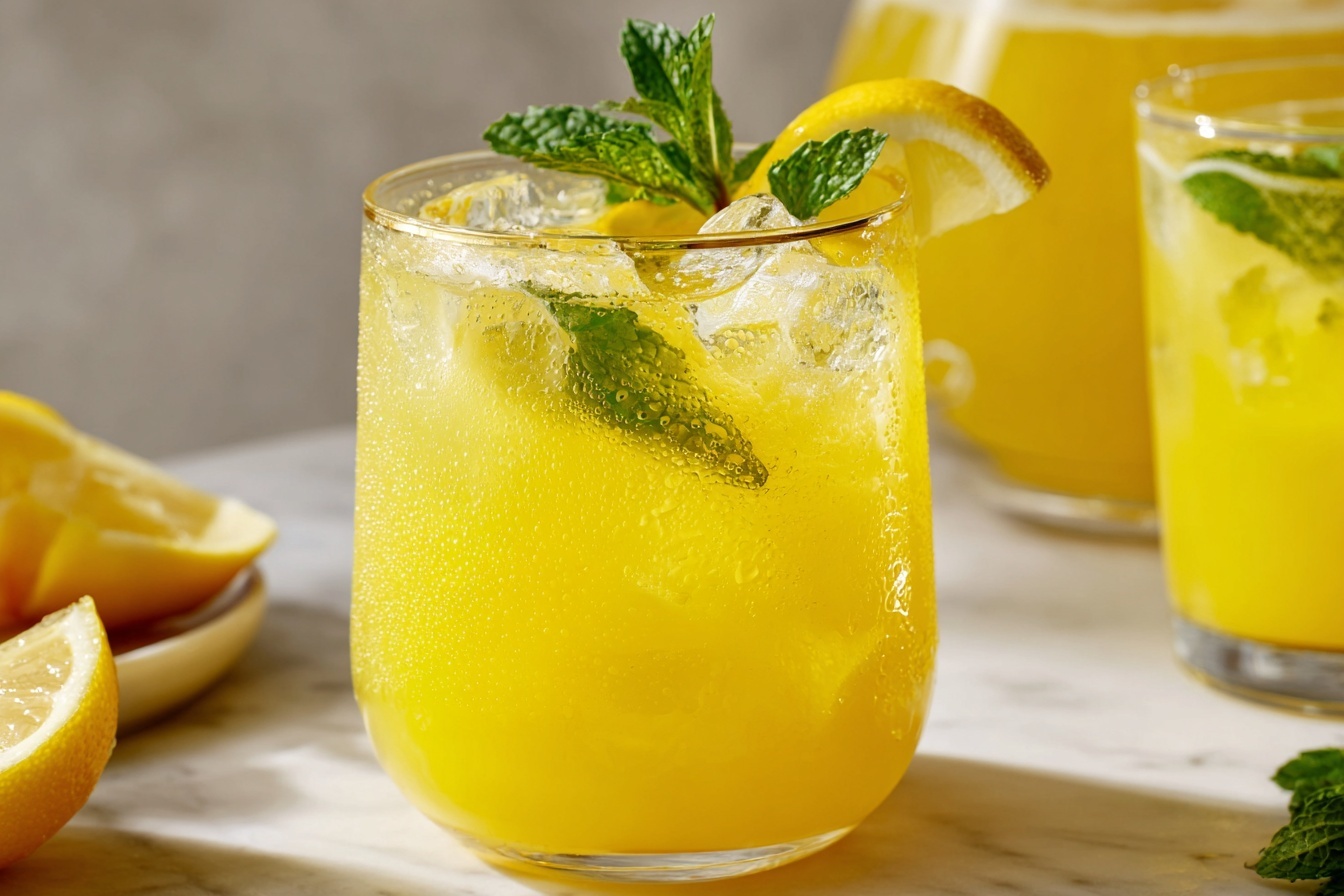 A large modern clear glass pitcher filled to the brim with vibrant yellow homemade lemonade, garnished with thin lemon slices floating on top and fresh green mint leaves, placed on a white marble kitchen countertop. Around the pitcher, several tall transparent glasses are filled with the same refreshing lemonade, topped with ice cubes and garnished with sprigs of mint and lemon wedges. The scene is illuminated by natural daylight pouring in from nearby windows, creating a glossy and inviting look that highlights the cold, thirst-quenching beverage. All elements are styled cleanly and elegantly for a luxurious, mouth-watering presentation, capturing the full uncut pitcher and accompanying glasses as a refreshing summer drink ensemble. REALISTIC STYLE IMAGE | TAGS: High-end food photography, clean composition, dramatic lighting, luxurious, elegant, mouth-watering, indulgent, gourmet | CAMERA: Nikon Z7 | FOCAL LENGTH: 50mm | SHOT TYPE: Close-up | COMPOSITION: 3/4 angle | LIGHTING: Soft directional light | PRODUCTION: Food Stylist | TIME: Daytime | LOCATION TYPE: Kitchen near windows --stylize 150 --ar 3:2