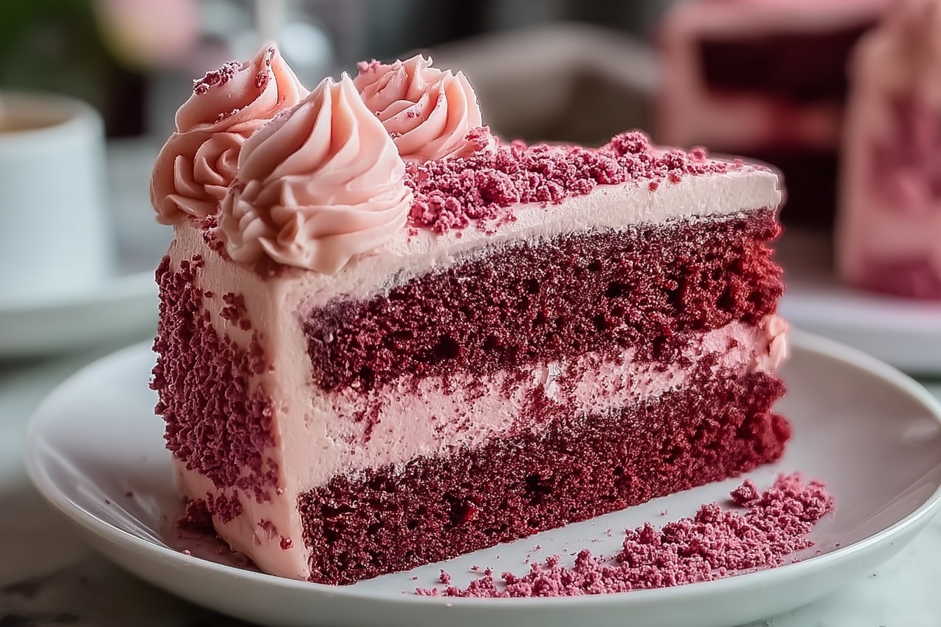 Whole uncut red velvet cake on a large white ceramic plate, showcasing its rich, deep red layers separated by luscious, smooth pink cream frosting, topped with elegant swirls of pink piped icing and scattered small red sprinkles for a festive finish, captured in a professional food photography style from a 3/4 angle. The setting highlights the entire intact cake on a pristine white marble kitchen countertop under natural soft directional daylight streaming from nearby windows, styled to look luxurious, inviting, and indulgent. REALISTIC STYLE IMAGE| TAGS: High-end food photography, clean composition, dramatic lighting, luxurious, elegant, mouth-watering, indulgent, gourmet | CAMERA: Nikon Z7 | FOCAL LENGTH: 50mm | SHOT TYPE: Close-up | COMPOSITION: 3/4 angle | LIGHTING: Soft directional light | PRODUCTION: Food Stylist | TIME: Daytime I LOCATION TYPE: Kitchen near windows --stylize 150 --ar 3:2