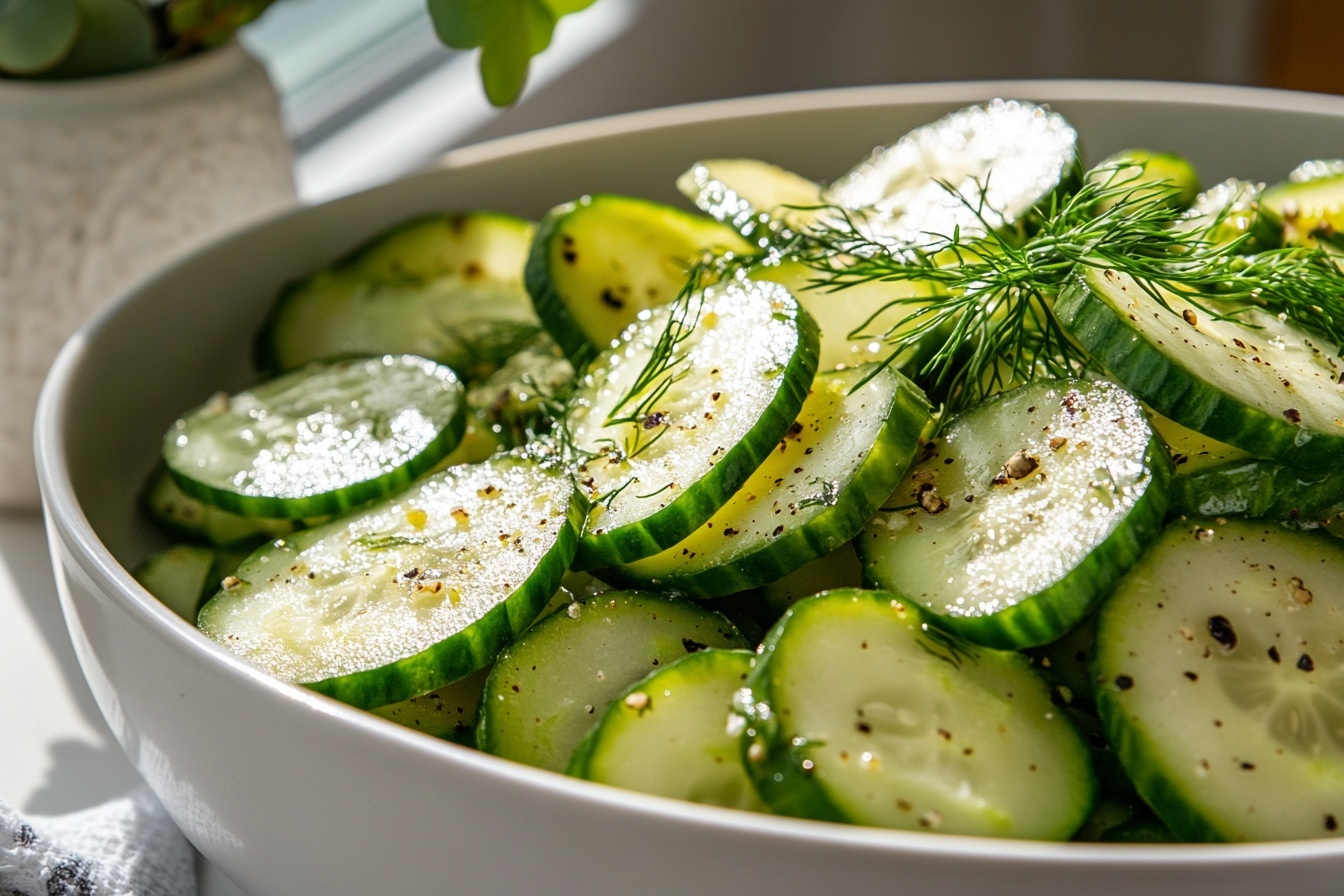 Garlic Dill Cucumbers Recipe 6 Large white serving bowl filled with whole fresh cucumbers sliced lengthwise into spears, tossed evenly with finely chopped dill and a light seasoning of cracked black pepper and sea salt, highlighting the crisp, refreshing green texture, arranged naturally to showcase the freshness, photographed from a professional 3/4 angle on a white marble countertop with natural lighting, styled like a hero shot from a food magazine, photo taken with an iphone --ar 4:5 --v 7