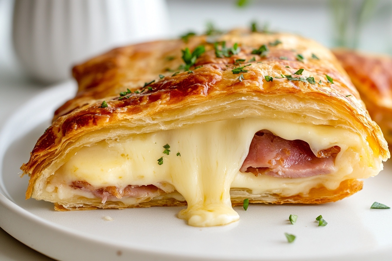 White plate filled with four whole golden-brown, flaky croissant rolls generously topped with melted cheese and scattered pieces of cured ham, garnished with fresh chopped parsley, the entire dish shown in a professional 3/4 angle shot on a white marble countertop with natural lighting, styled like a hero food magazine photograph, photo taken with an iphone --ar 4:5 --v 7