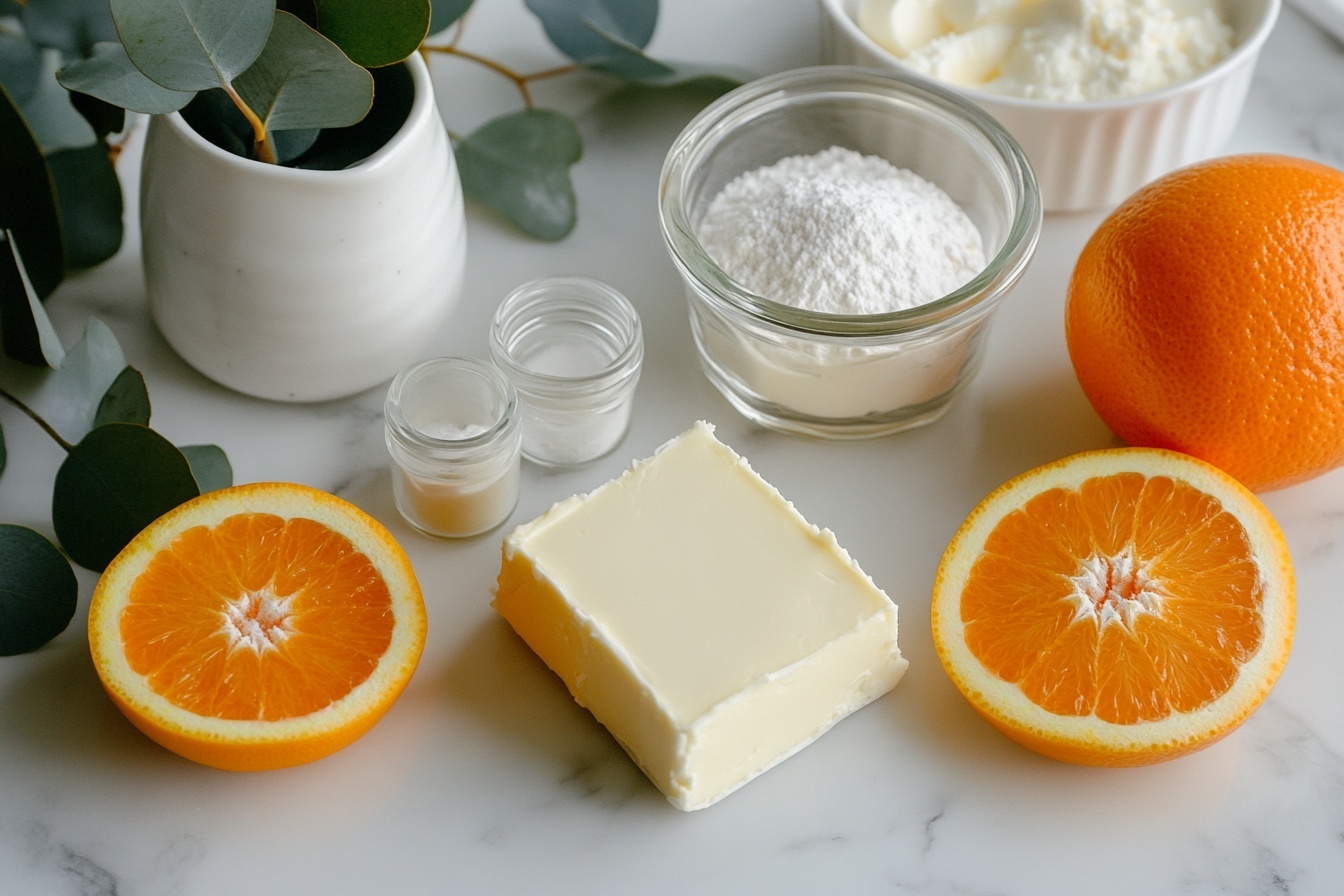 A large white platter filled with numerous traditional mooncakes featuring a smooth, creamy white pastry exterior and detailed orange filling resembling citrus fruit slices, arranged neatly to showcase their intricate pattern and delicate texture, garnished with fresh green mint leaves on a white marble countertop, professional food styling, natural lighting, hero shot from a 3/4 angle, photo taken with an iphone --ar 4:5 --v 7
