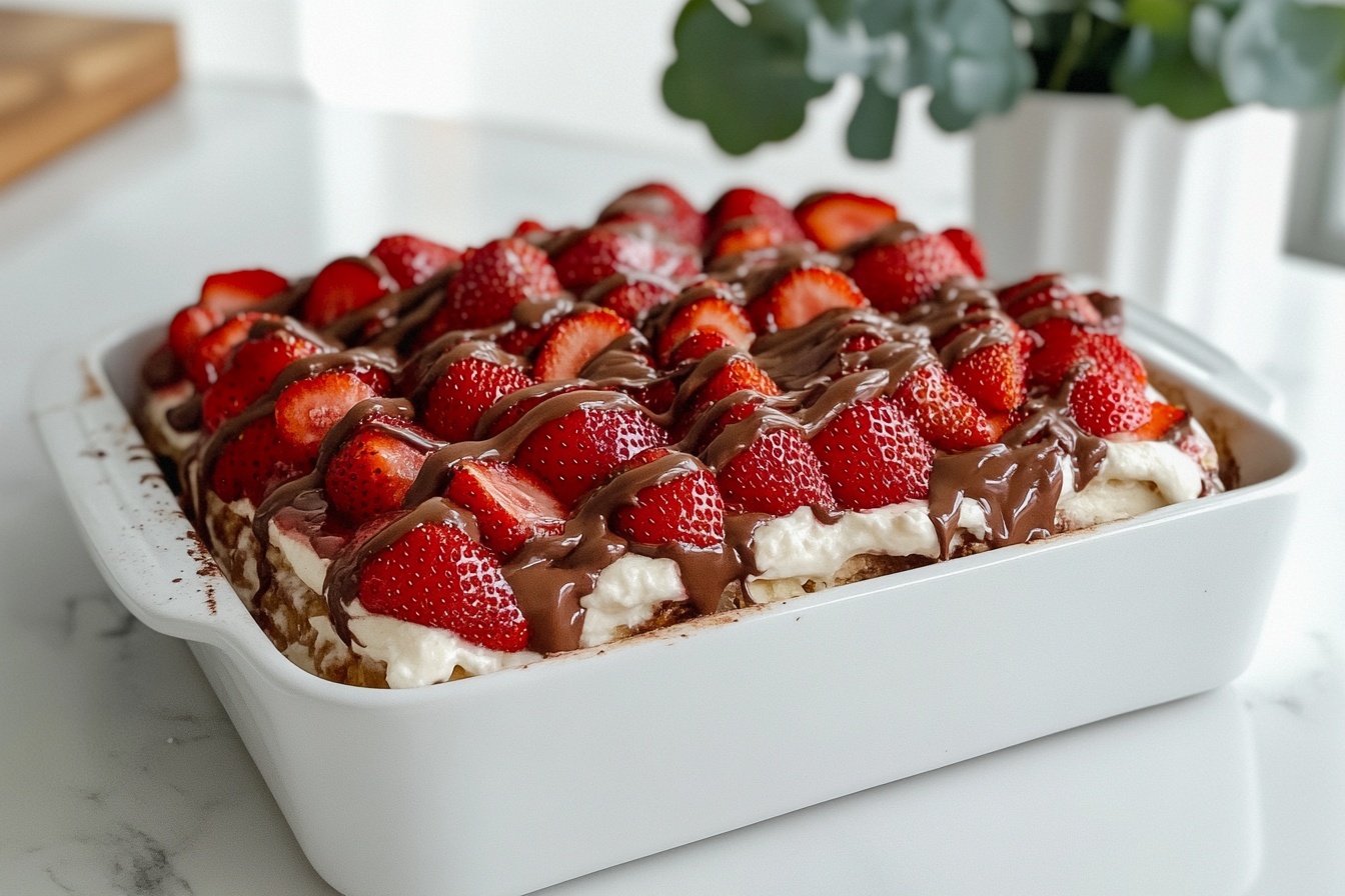 Large rectangular baking dish filled with a rich dessert base generously topped with a thick layer of fresh, vibrant red strawberry pieces, followed by an even drizzle of glossy, smooth chocolate spread creating decorative waves over the strawberries, whole dish showcased from a 3/4 angle on a white marble countertop against a softly textured light background, natural lighting highlighting the vivid colors and textures, professional food magazine hero shot photo taken with an iphone --ar 4:5 --v 7