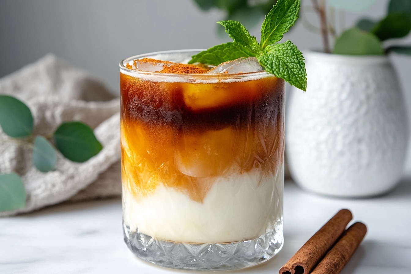 Two large white glasses filled with iced Thai tea, featuring rich layers of creamy milk and spiced tea with ice cubes, each garnished with fresh sprigs of vibrant green mint, placed on a white marble surface surrounded by star anise and cinnamon sticks, shown in a bright, natural light professional 3/4 angle shot with the entire beverages fully in frame, styled as a fresh and inviting hero image for a food magazine, photo taken with an iphone --ar 4:5 --v 7