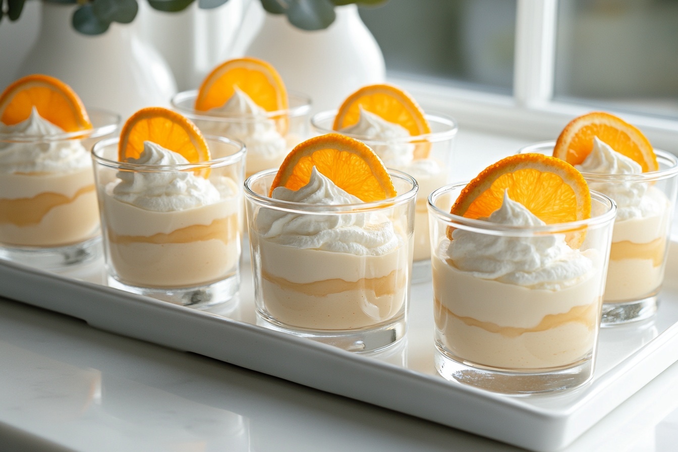 A pristine white serving tray filled with multiple small clear glass cups, each containing creamy orange mousse topped with a delicate swirl of whipped cream and a thin, vibrant slice of fresh orange standing upright, all cups arranged neatly and uniformly, whole dish presented from a professional 3/4 angle shot on a white marble countertop with natural lighting, styled like a food magazine hero image, photo taken with an iphone --ar 4:5 --v 7