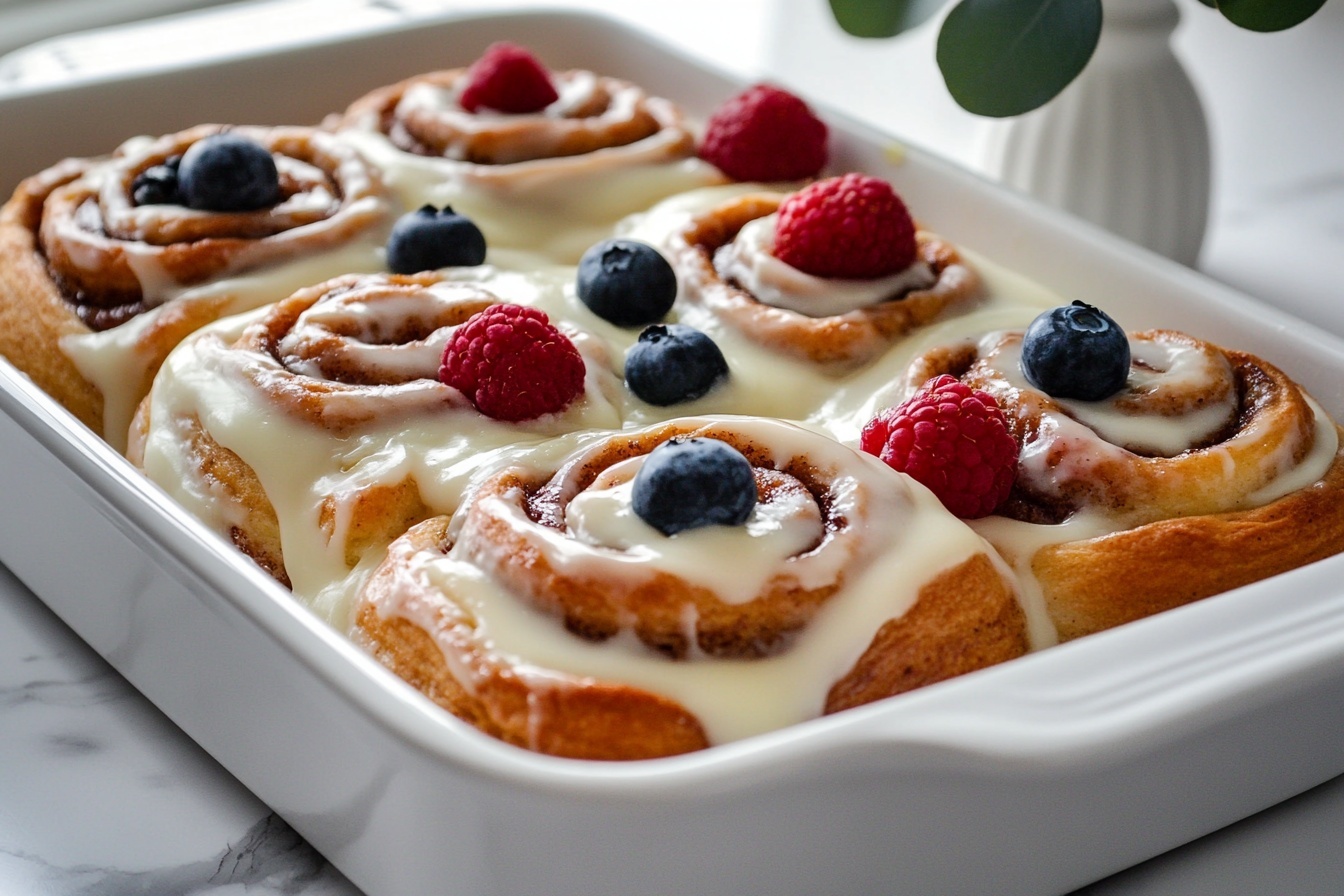 A large white rectangular baking dish filled with a full batch of freshly baked cinnamon rolls generously coated with creamy white icing, each roll swirled perfectly with cinnamon and sugar, topped with an abundant scattering of frozen raspberries and blueberries adding vivid pops of red and blue, the entire dish presented from a professional 3/4 angle shot, set on a pristine white marble countertop with natural lighting highlighting the glossy glaze and textured swirls, styled like a hero food magazine photo taken with an iphone --ar 4:5 --v 7