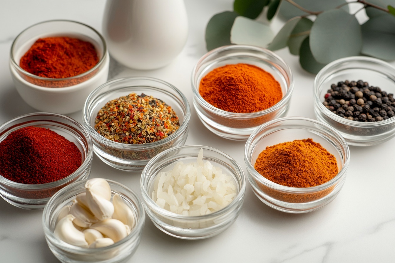 Single white bowl filled with a close-up view of one serving of spiced nut and seed mix, showcasing a textured blend of chili powder, dried herbs, crunchy nuts, and seeds with vibrant red and green flecks, highlighting the rich seasoning and varied textures, placed on a white marble surface under natural lighting, styled like a food blog shot, photo taken with an iphone --ar 4:5 --v 7