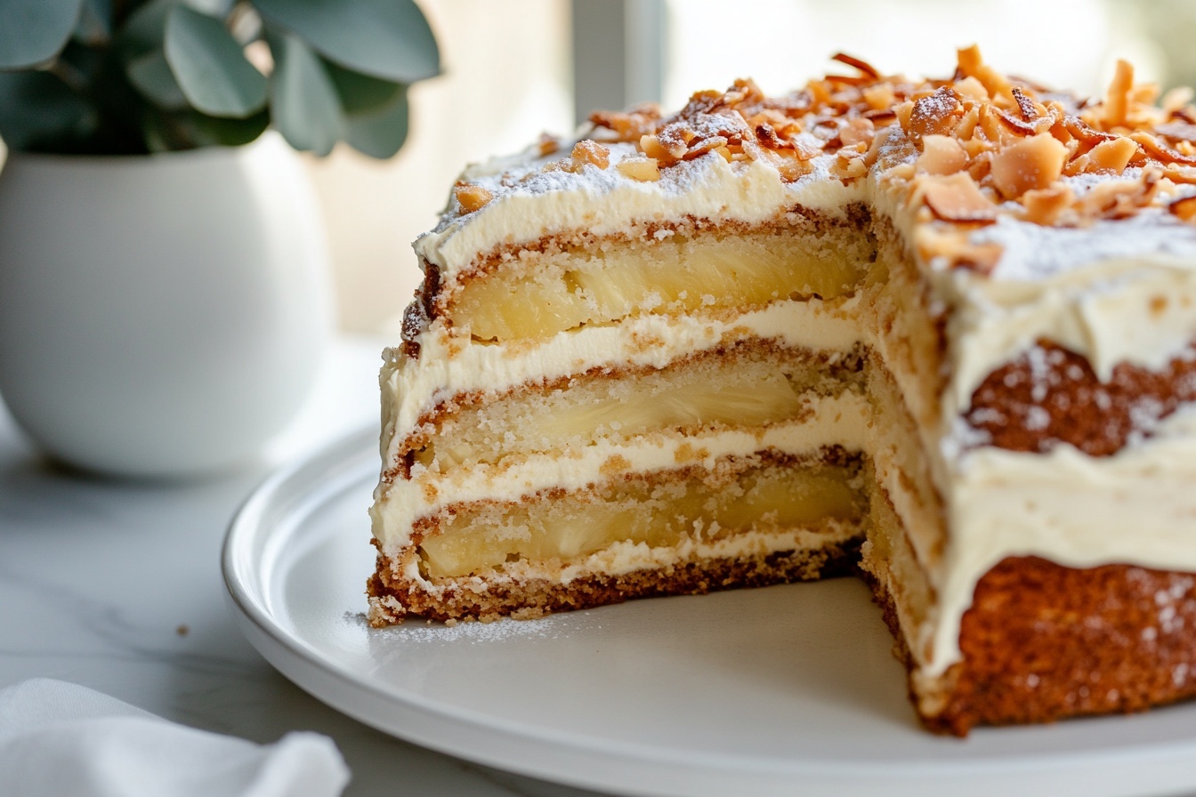 Whole uncut pineapple coconut layered cake displayed on a large white round plate, featuring moist yellow cake layers filled and frosted with smooth creamy pineapple-coconut filling and frosting, topped with pineapple chunks, toasted coconut flakes, and dusted powdered sugar, styled beautifully on a white marble countertop with natural lighting, professional food magazine hero shot, photo taken with an iphone --ar 4:5 --v 7